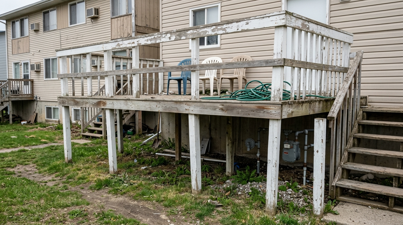 Shared elevated wood deck at a multifamily property raised on painted posts