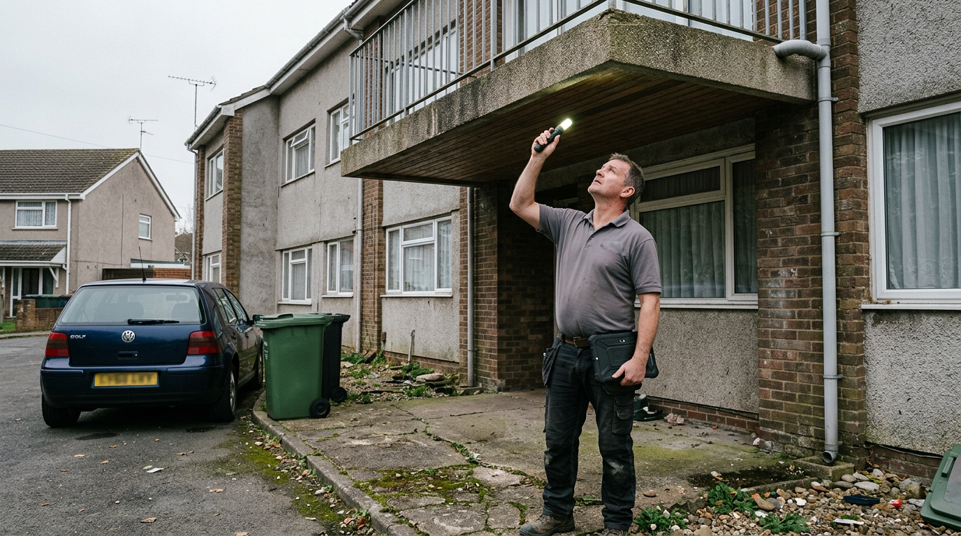 Inspector standing beneath a balcony shining a torch up at the soffit