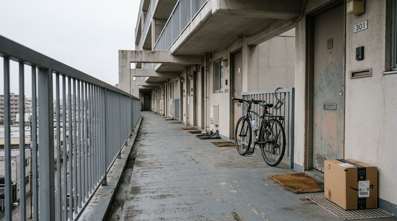 Long elevated exterior walkway serving apartment doors, receding in perspective