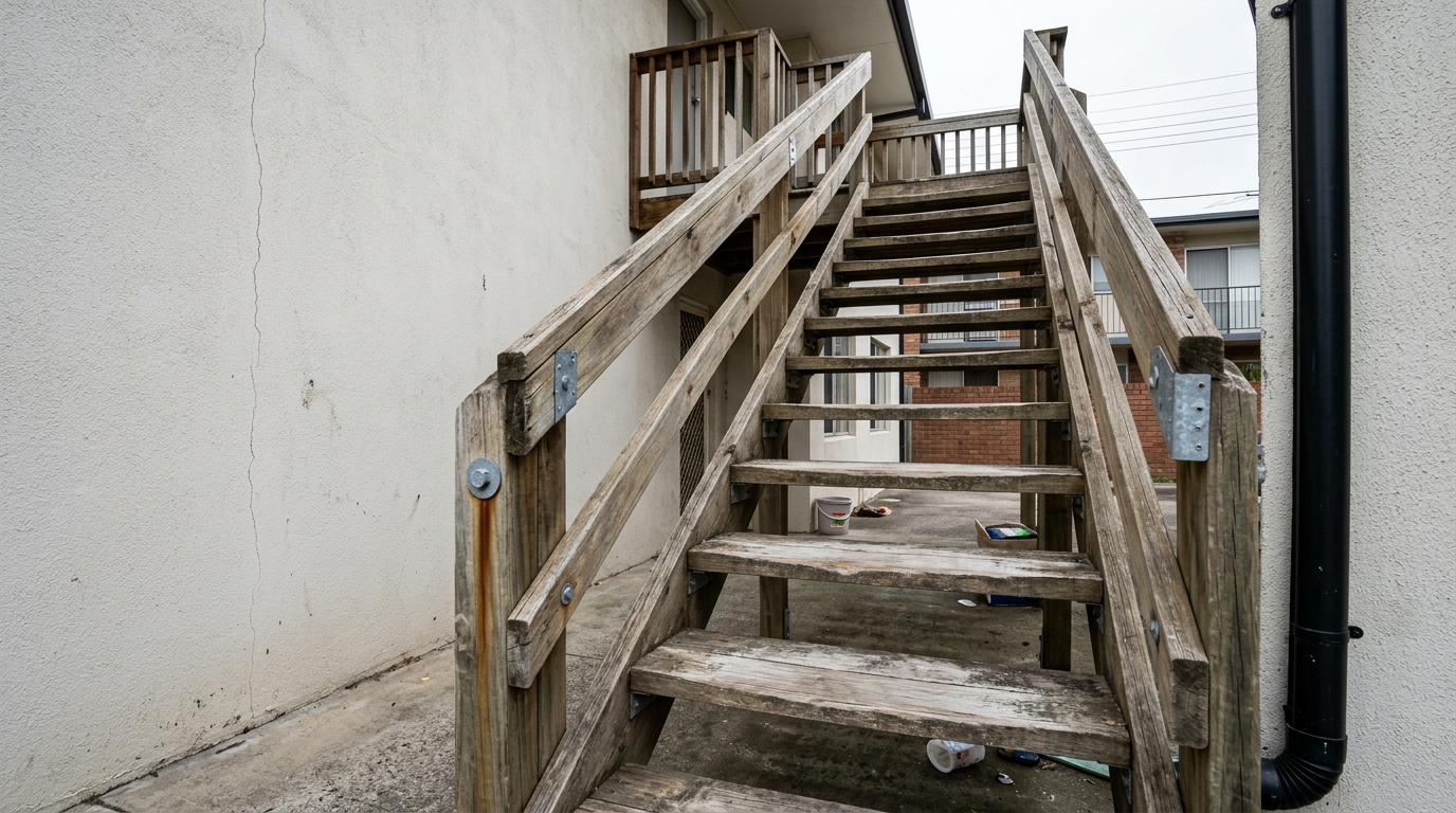 Exterior wood apartment stairway showing worn treads and galvanised connectors