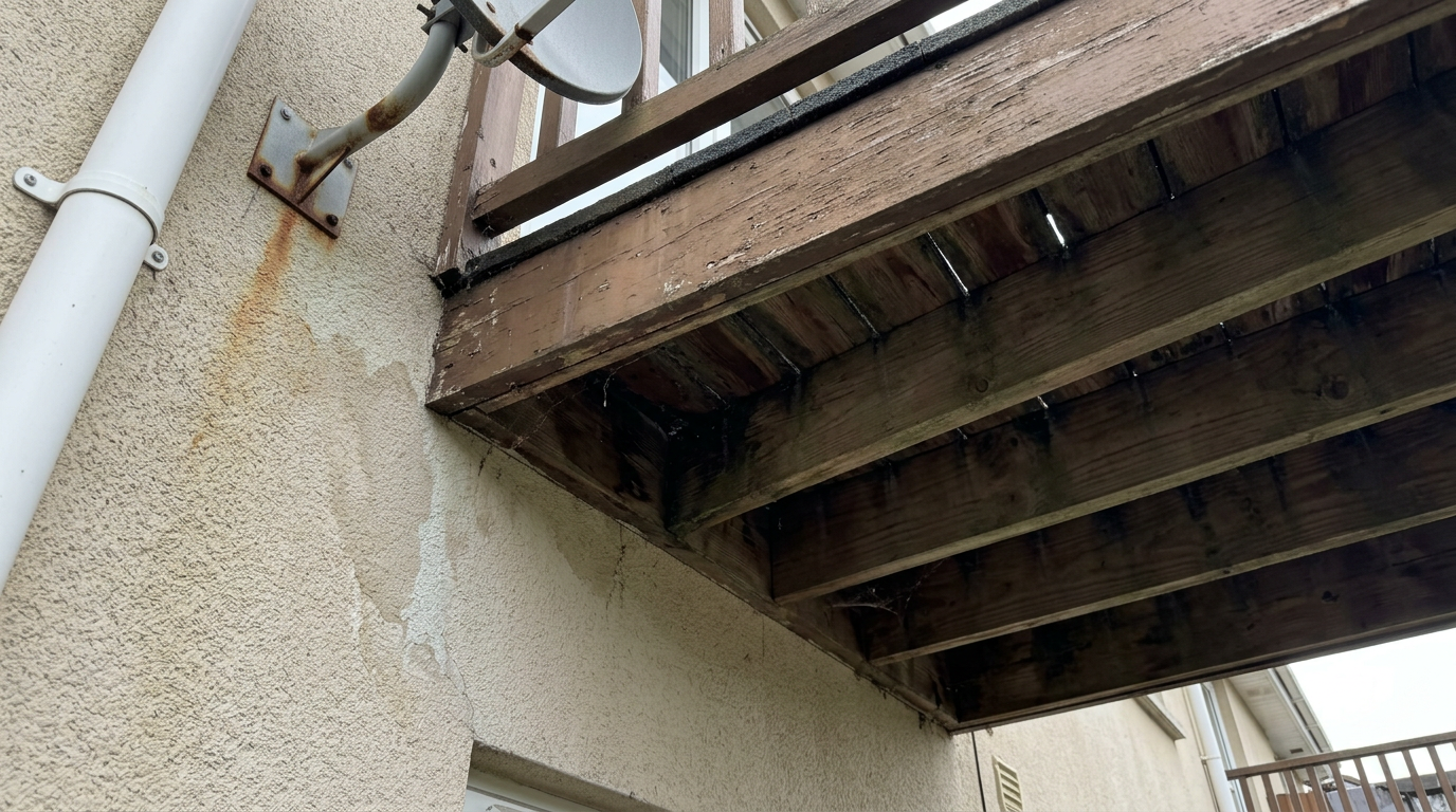 Looking up at the underside of a wood-framed balcony showing joists and the wall connection