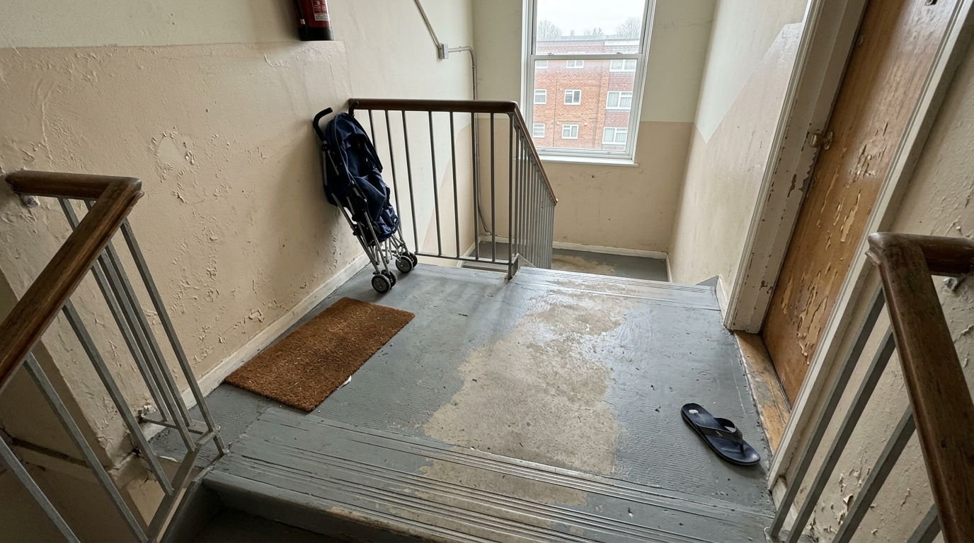 Stair landing viewed from above with worn deck coating along the walking path