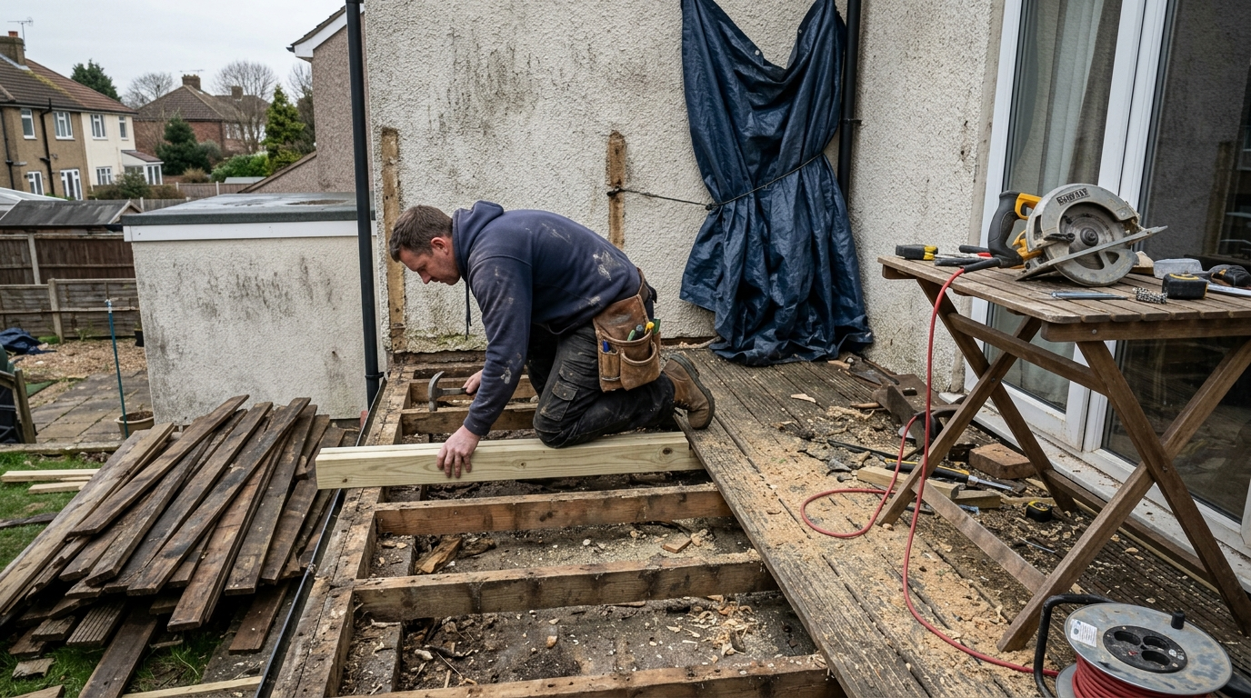 Carpenter fitting a new joist into an opened balcony structure