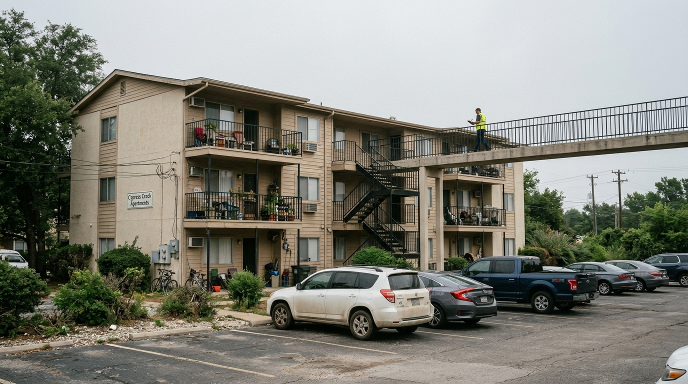 Garden-style apartment complex showing balconies, stairway and elevated walkway in one frame