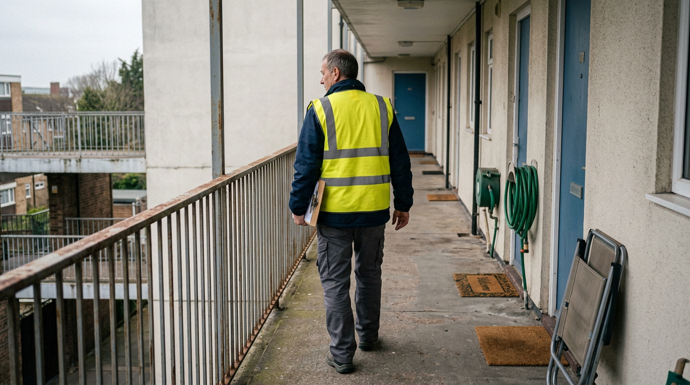 Inspector walking an elevated walkway with a clipboard, seen from behind