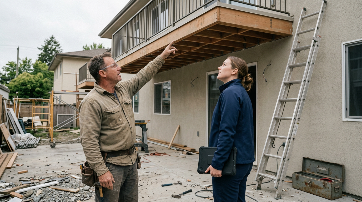 Contractor pointing up at balcony framing while a property manager looks on