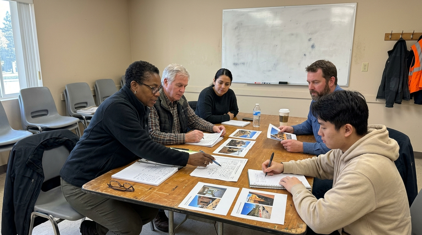 Board members reviewing an inspection report around a table in a community room