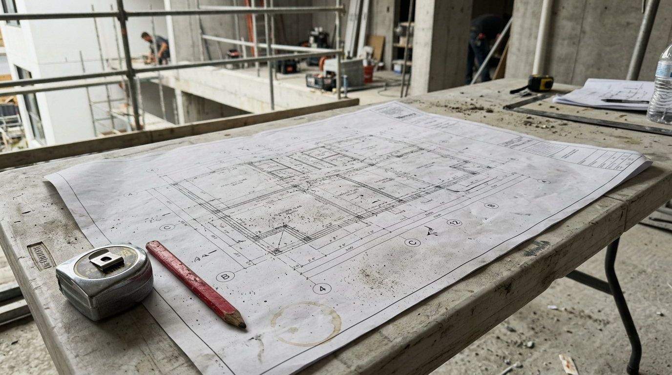 Printed structural repair drawing weighted flat on a job-site table