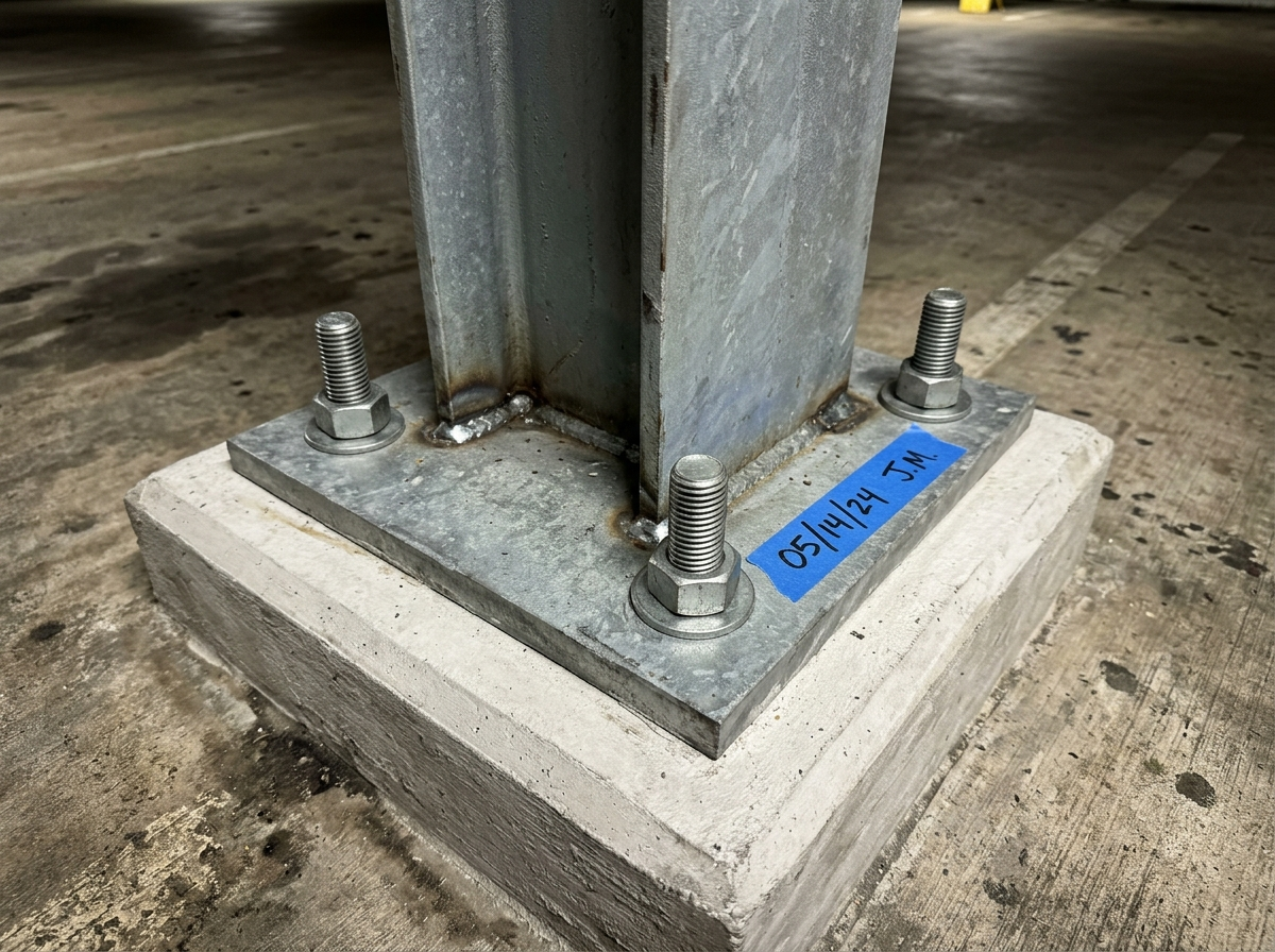 Steel moment-frame base plate bolted into a new concrete footing, detail shot