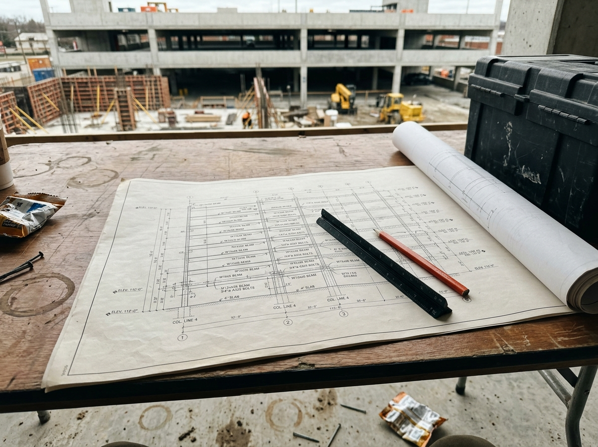 Structural repair drawing sheet weighted flat on a job-site table with a scale ruler