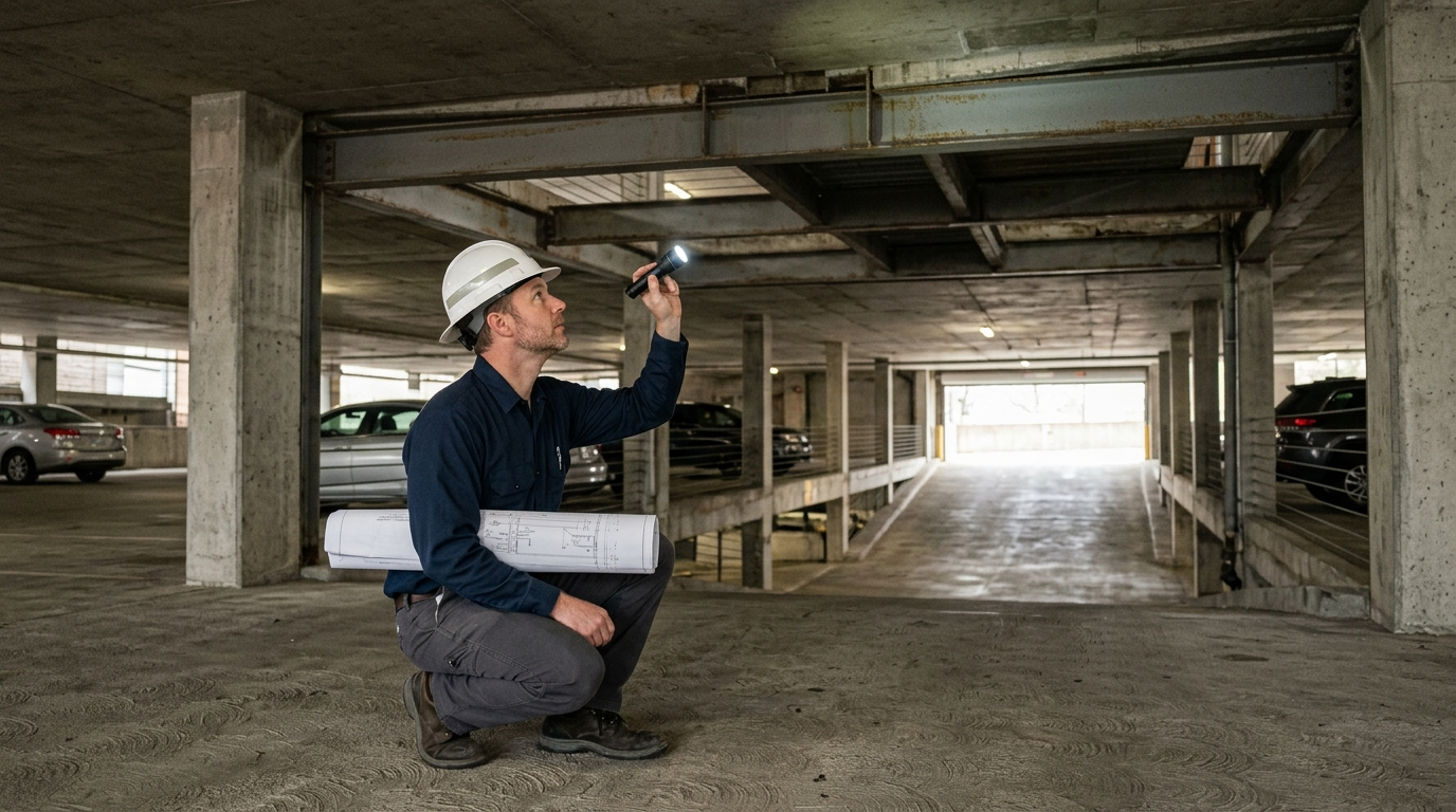 Structural engineer inspecting a parking garage soft-story condition with a flashlight and rolled drawings
