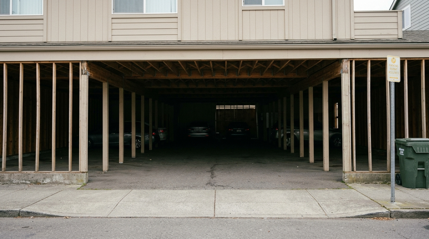 Open tuck-under parking bay under a wood-frame apartment building, showing the structurally weak condition