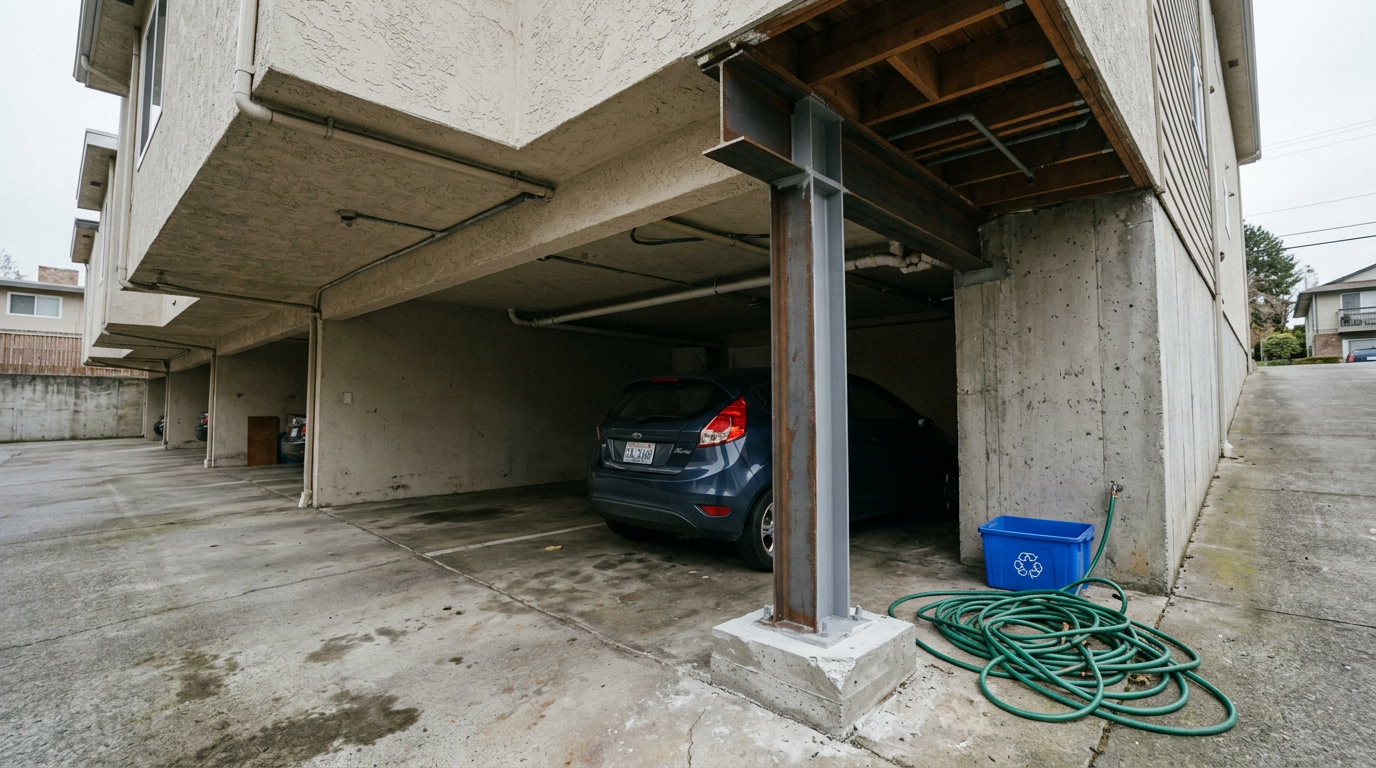 Cantilever steel column retrofit at the edge of a parking space, preserving the full parking spot