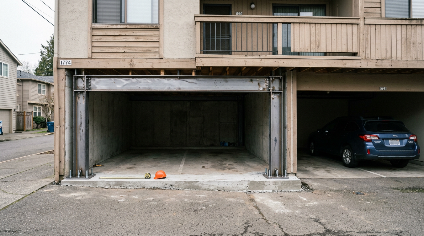 Steel special moment frame newly installed in a parking garage bay as a seismic retrofit