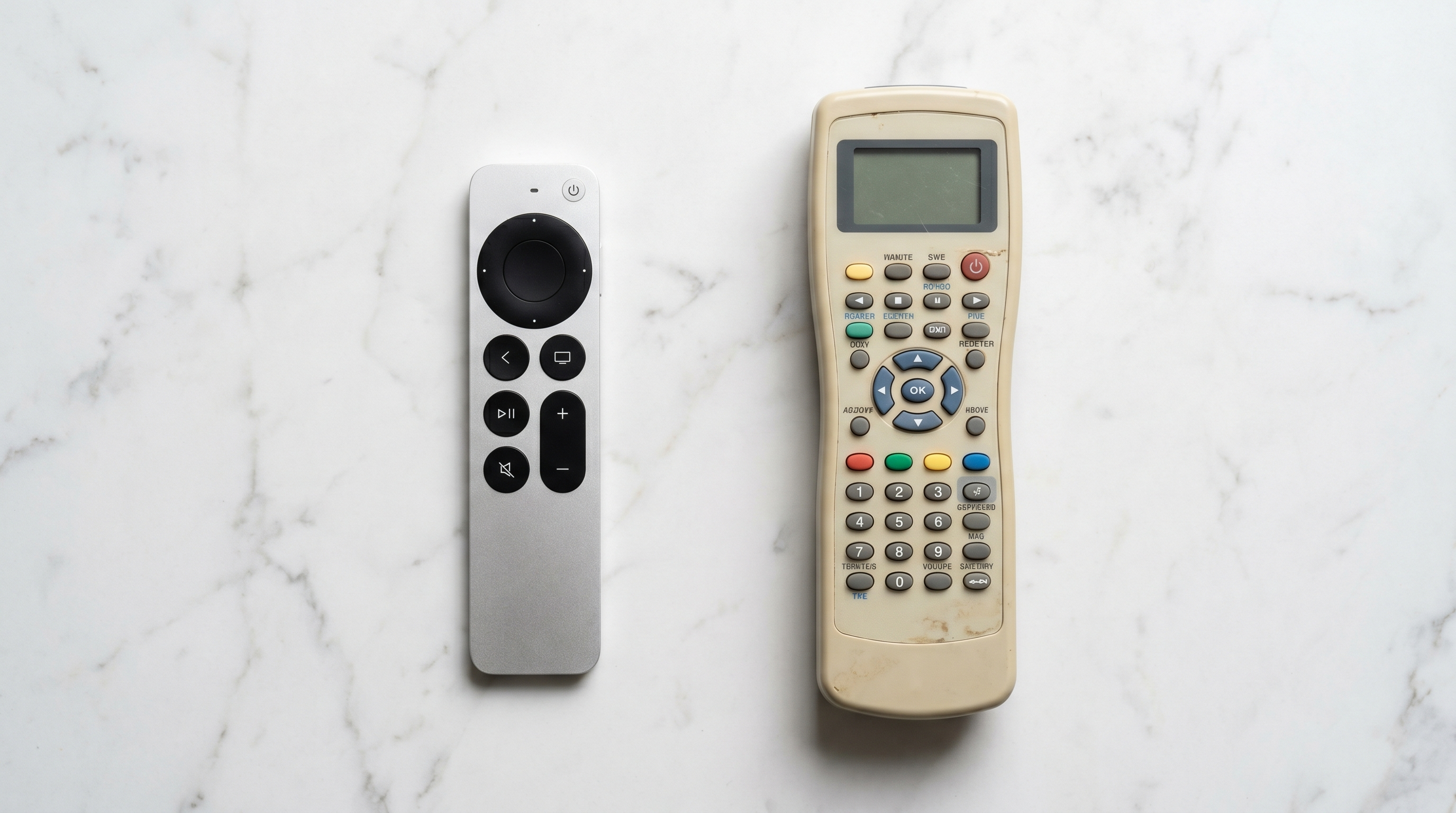 Deux télécommandes côte à côte sur un plan de travail en marbre