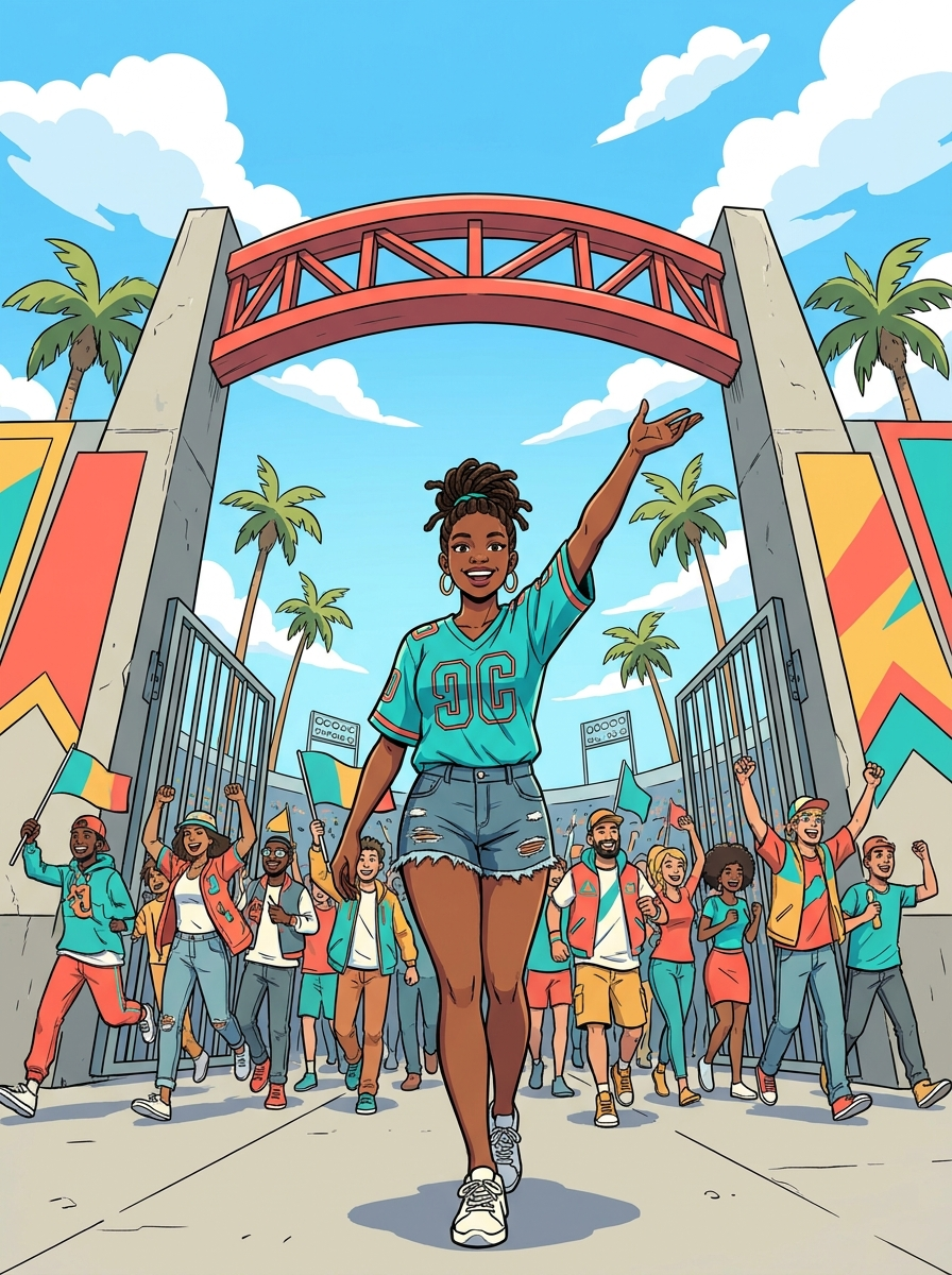 June leading new fans through the stadium gate, GeekFon style