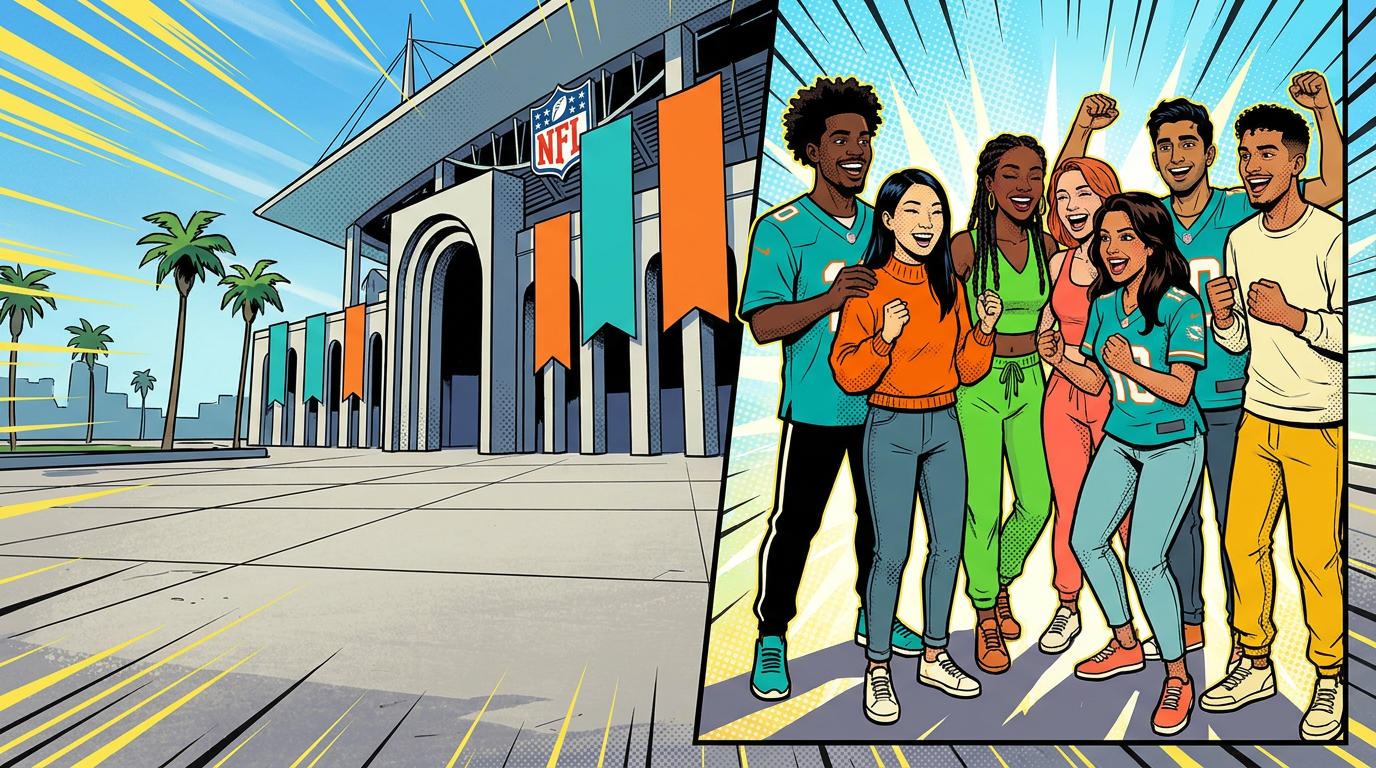 Vegans Explore Guides at the tailgate outside Hard Rock Stadium, GeekFon style