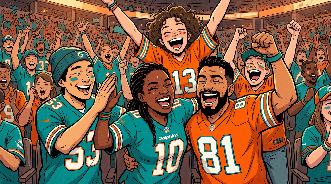 Guides in Dolphins jerseys cheering in the stands at Hard Rock Stadium, GeekFon style