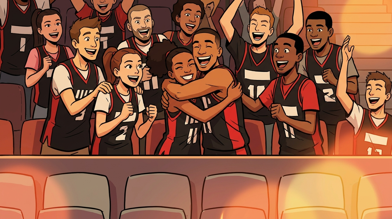 Guides in red Heat jerseys cheering in the arena stands, GeekFon style