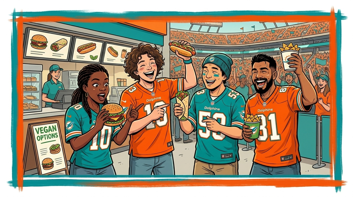 Vegans Explore Guides happily discovering Vegan concession options at Hard Rock Stadium, GeekFon style