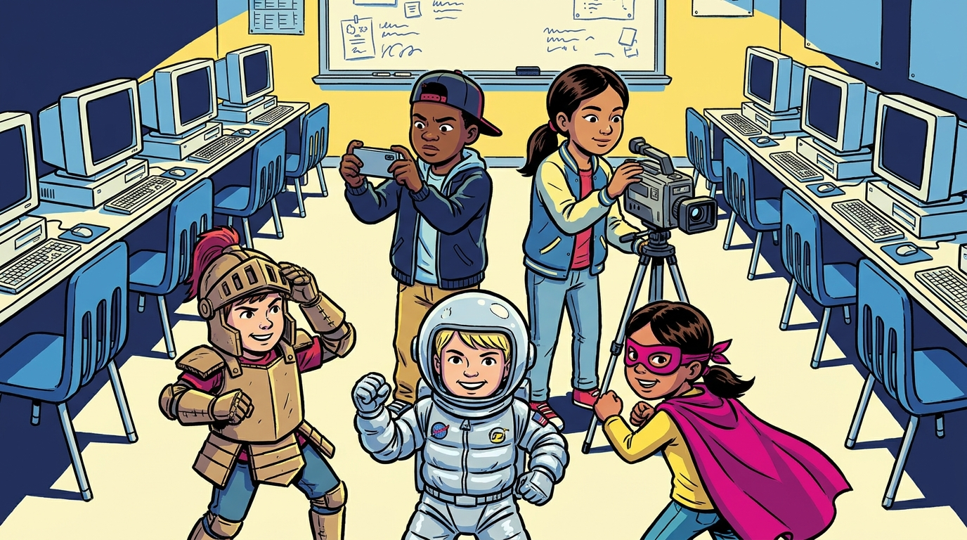 Students filming in computer lab