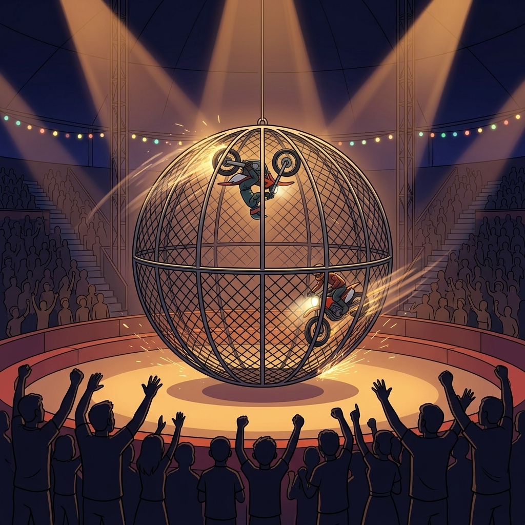 The Globe of Death — riders looping inside the steel sphere as the crowd rises