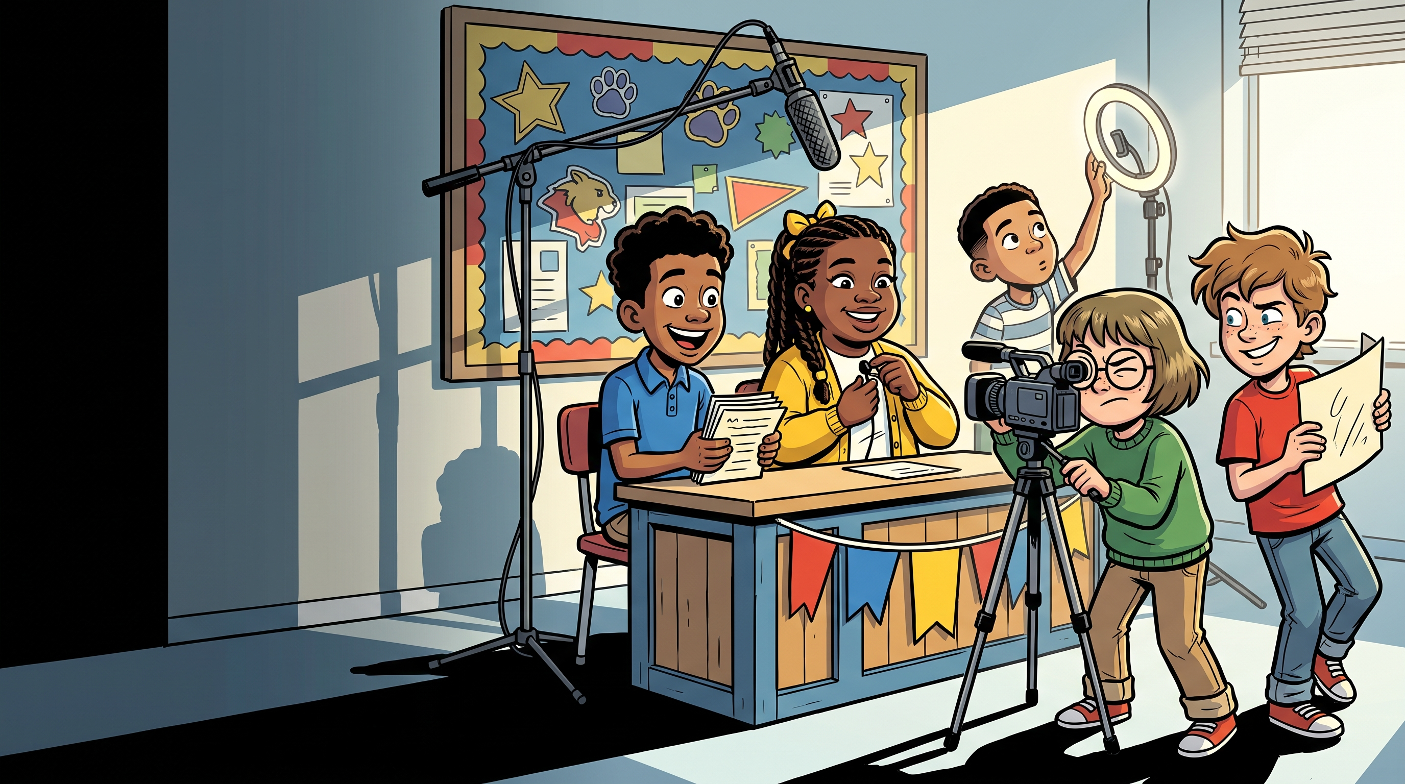 Illustrated students preparing for morning announcements in a school broadcast studio