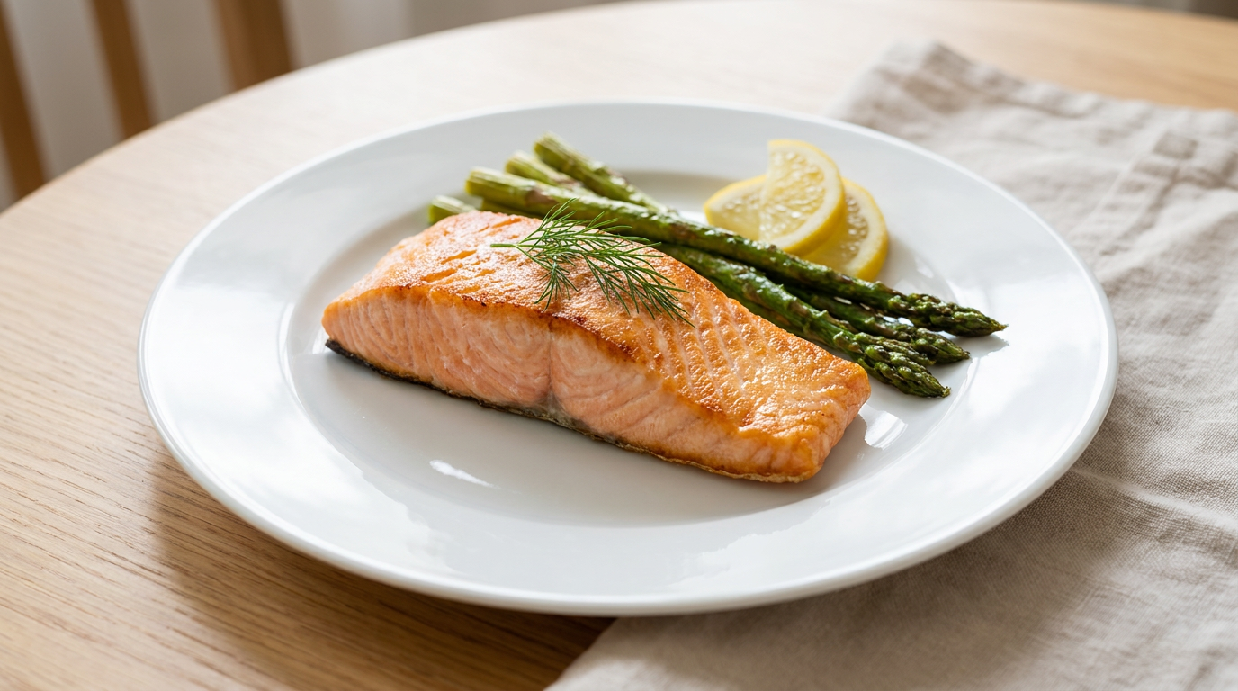 Ferdigstekt laksefilet med gyllen overflate, servert med asparges og sitronskive på hvit tallerken