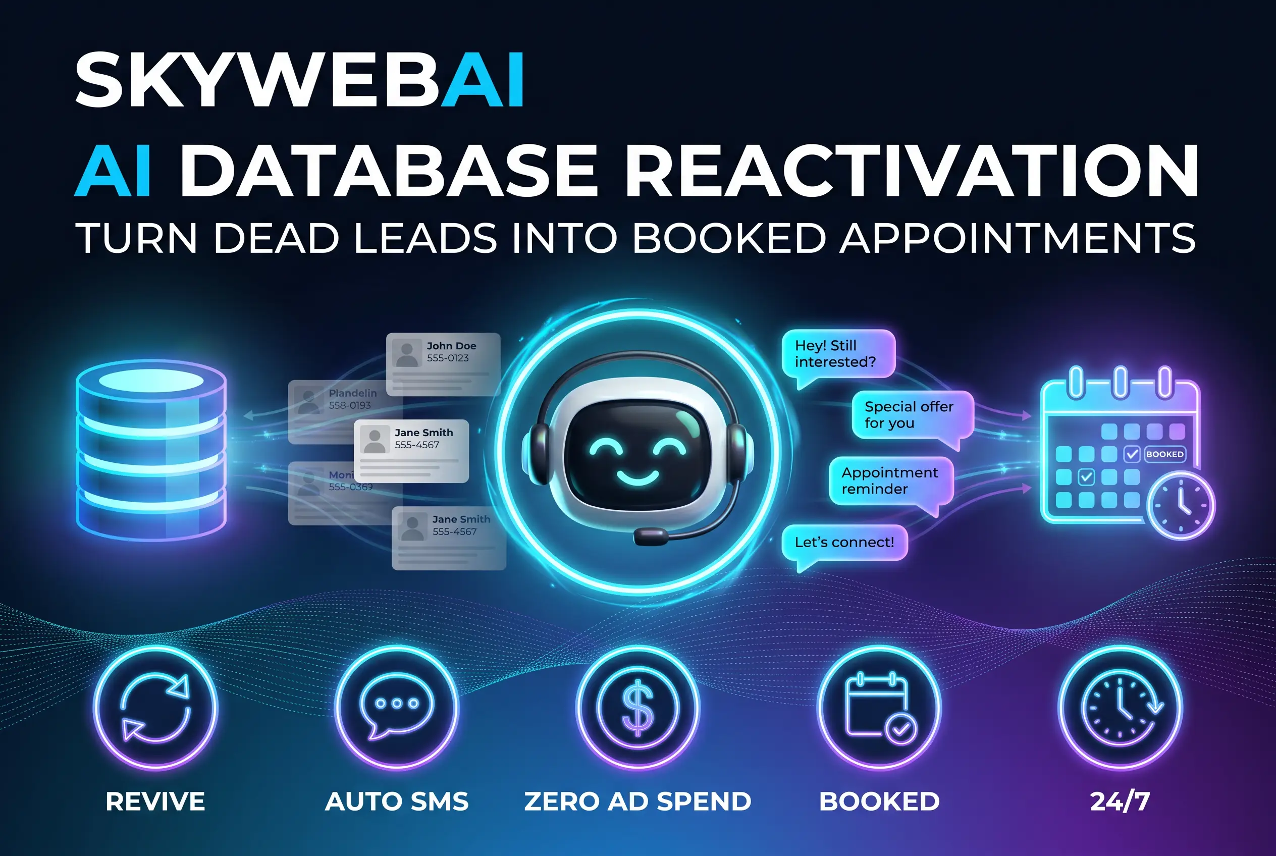 AI Database Reactivation infographic &mdash; turn dead leads into booked appointments. SkyWebAI.