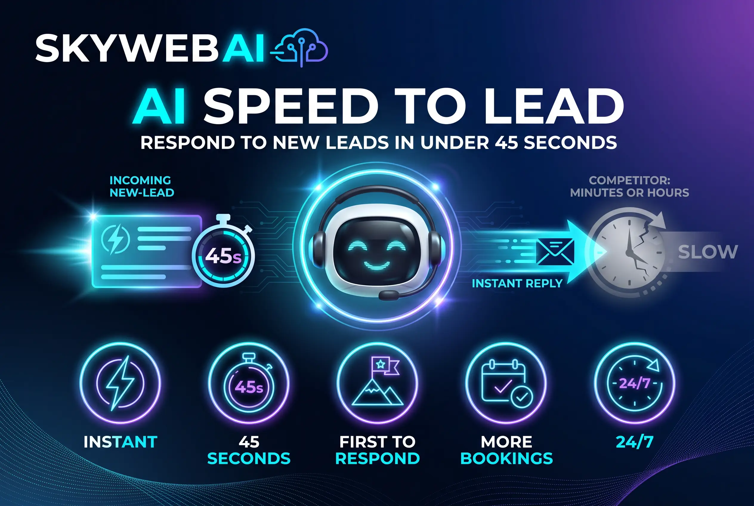 AI Speed To Lead infographic &mdash; respond to new leads in under 45 seconds. SkyWebAI.