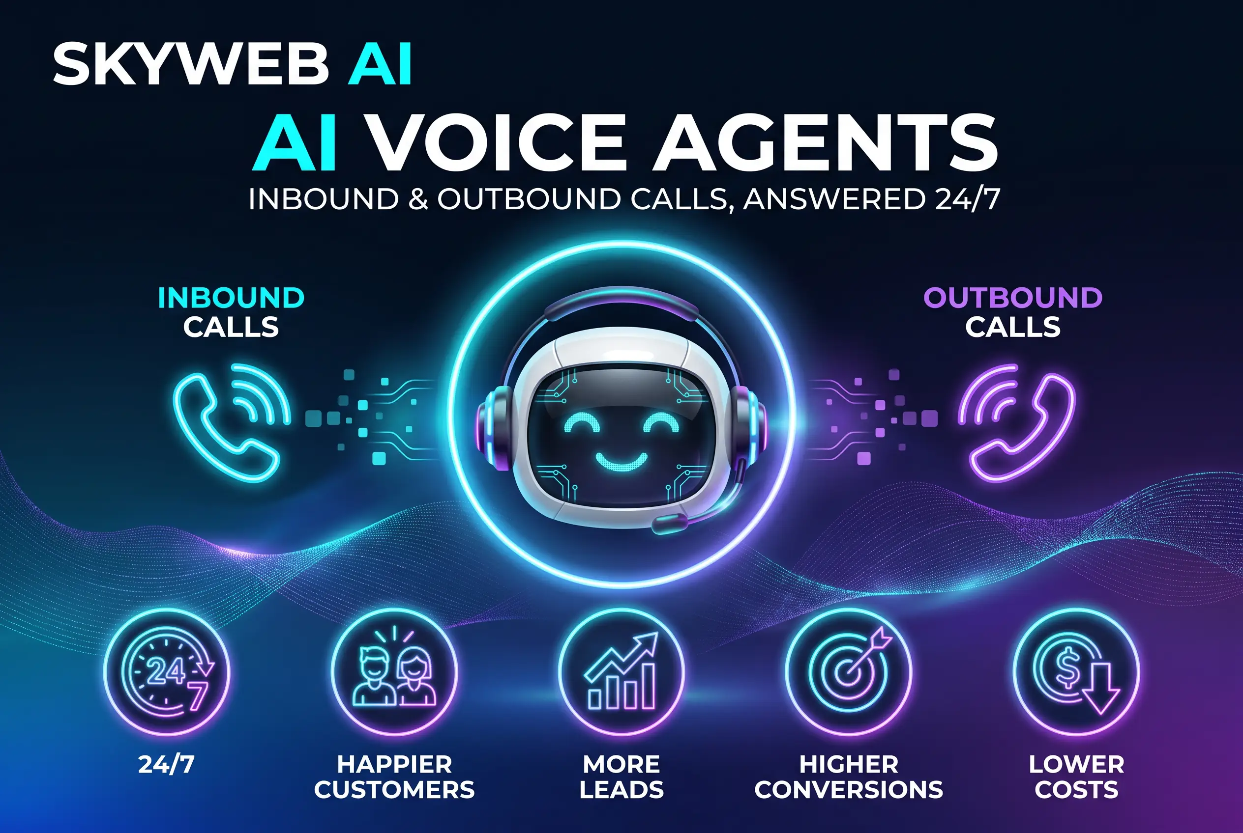 AI Voice Agents infographic &mdash; inbound and outbound calls answered 24/7. SkyWebAI.