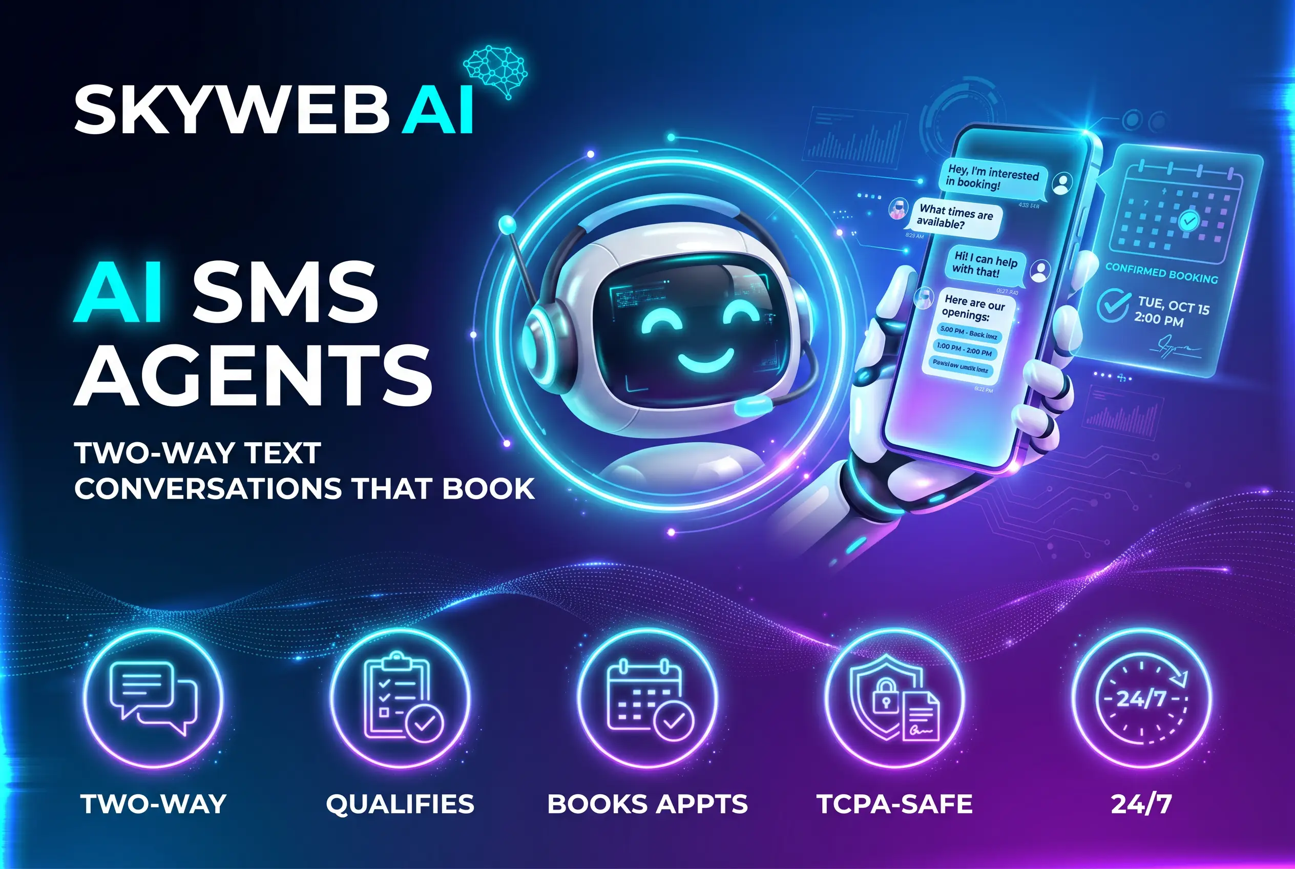 AI SMS Agents infographic &mdash; two-way text conversations that book. SkyWebAI.