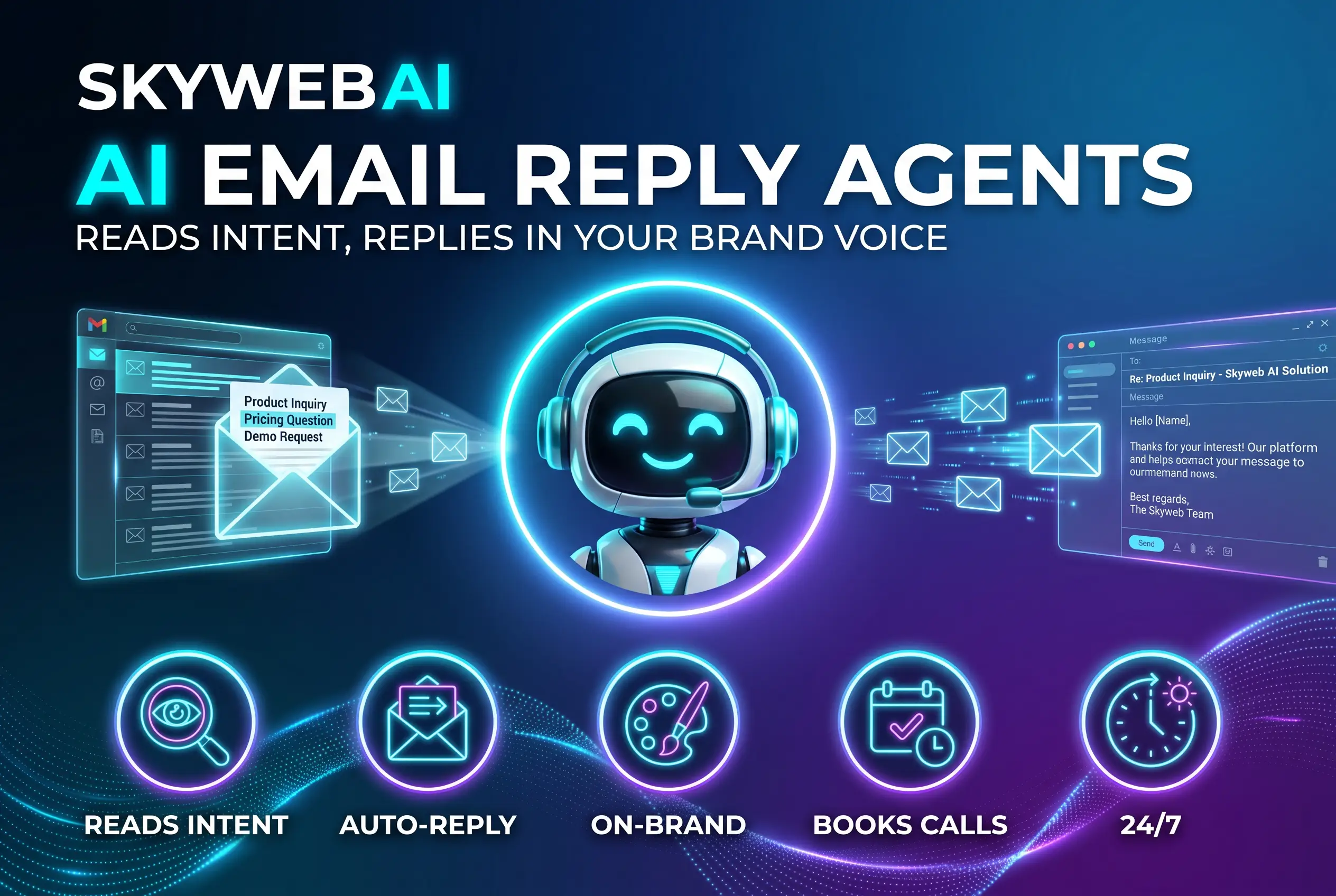 AI Email Reply Agents infographic &mdash; reads intent, replies in your brand voice. SkyWebAI.