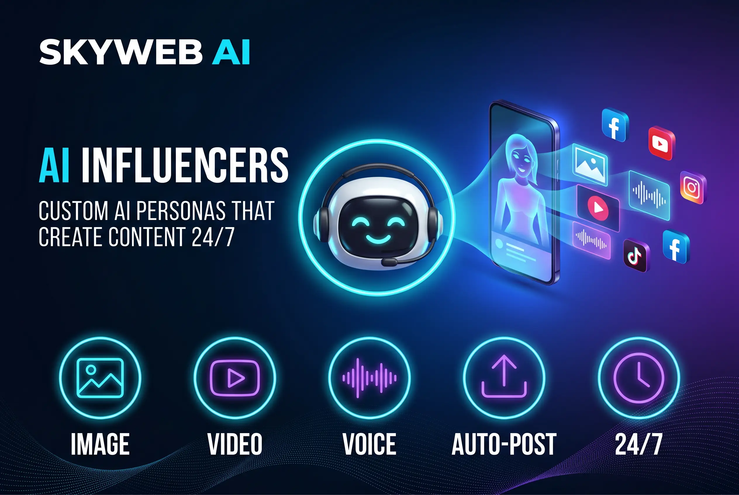 AI Influencers infographic &mdash; custom AI personas that create branded content 24/7. SkyWebAI.