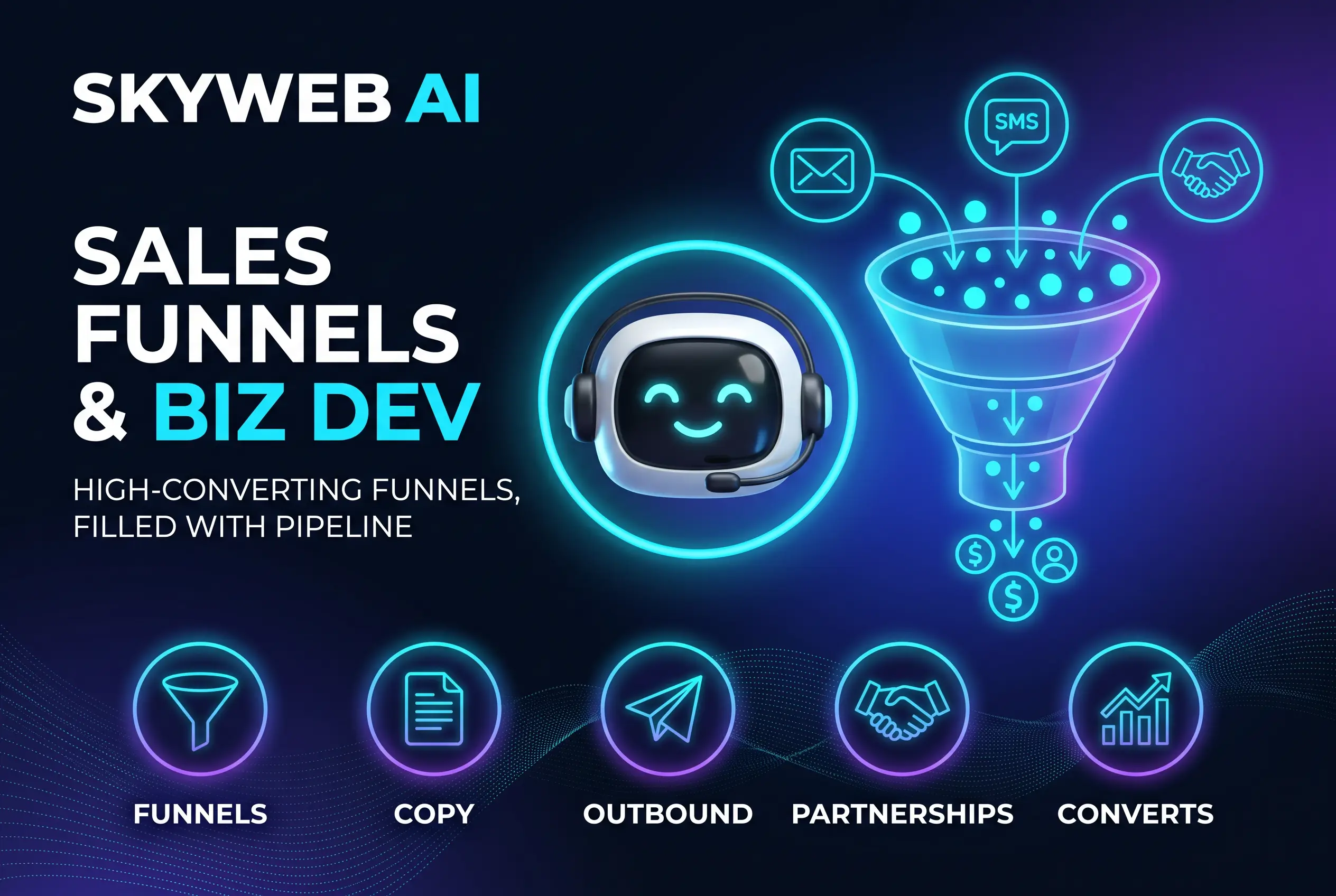 Sales Funnels & Biz Dev infographic &mdash; high-converting funnels, filled with pipeline. SkyWebAI.