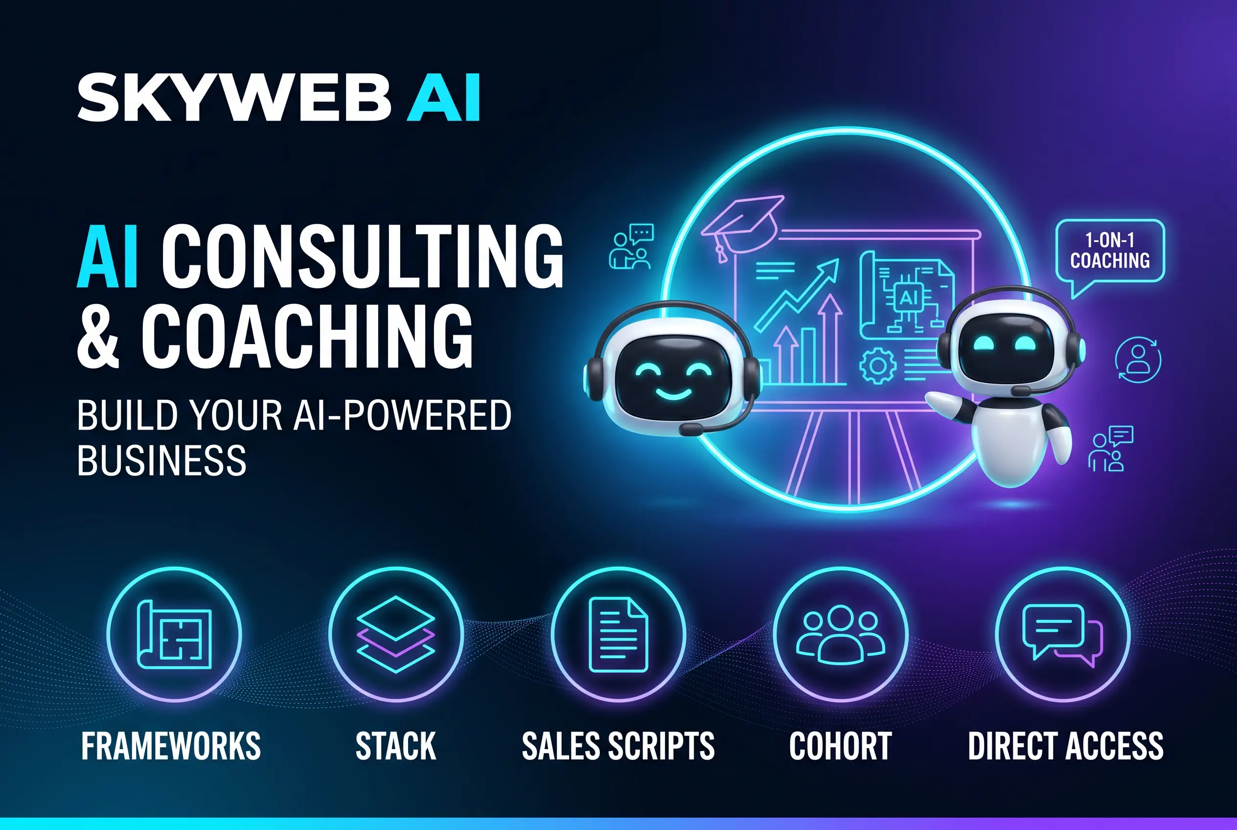 AI Consulting & Coaching infographic &mdash; build your AI-powered business. SkyWebAI.