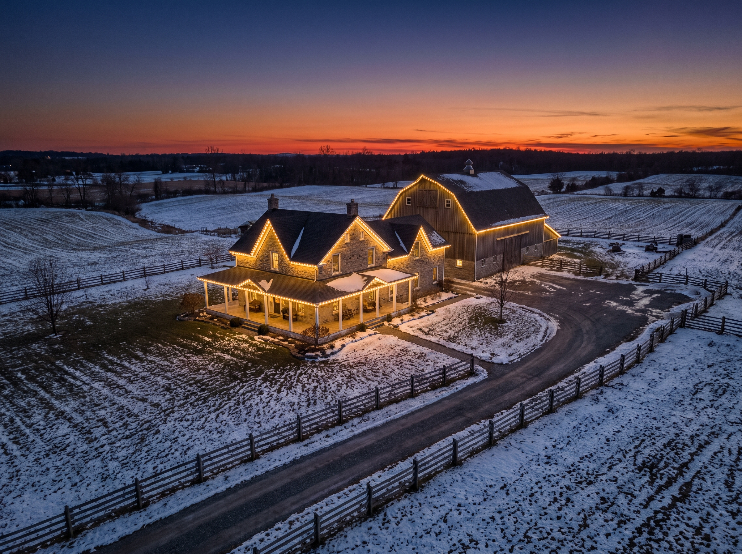 Aerial drone clip of permanent lighting on a Caledon farmhouse and barn