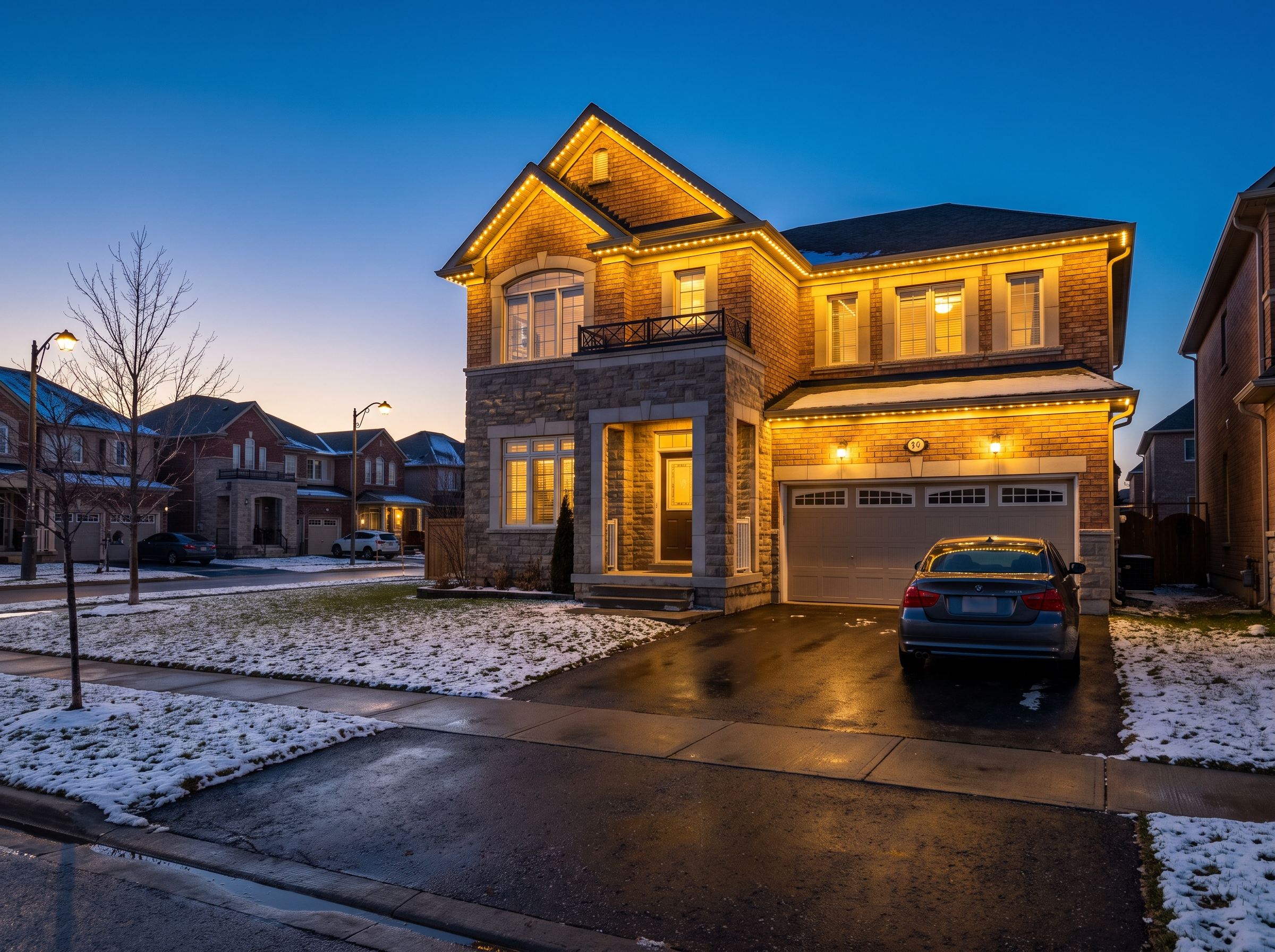 Permanent LED roofline lighting on a two-storey home in Brampton at dusk