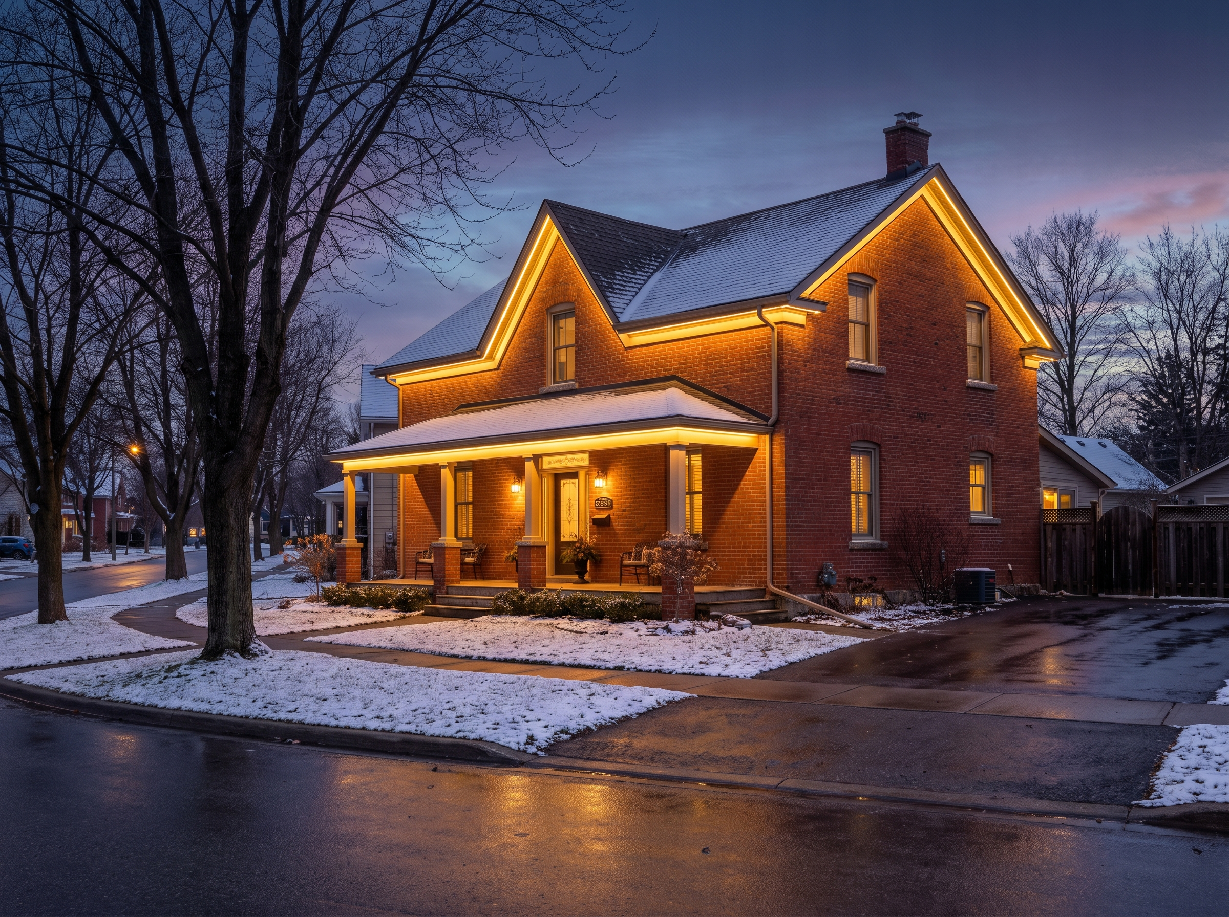 Permanent LED lighting on a home in Orangeville, Dufferin County at dusk