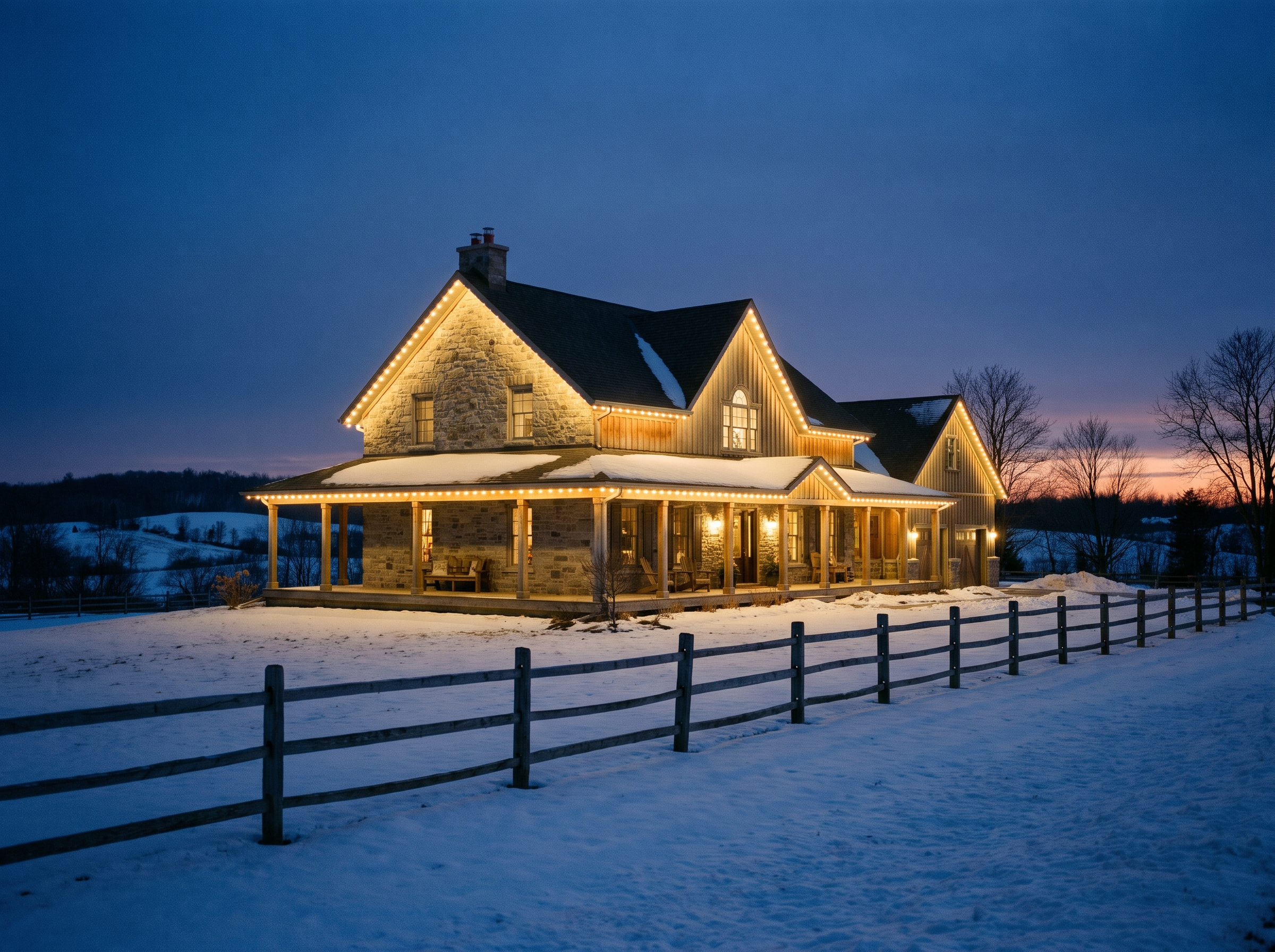 Permanent LED lighting on a Caledon farmhouse roofline at dusk