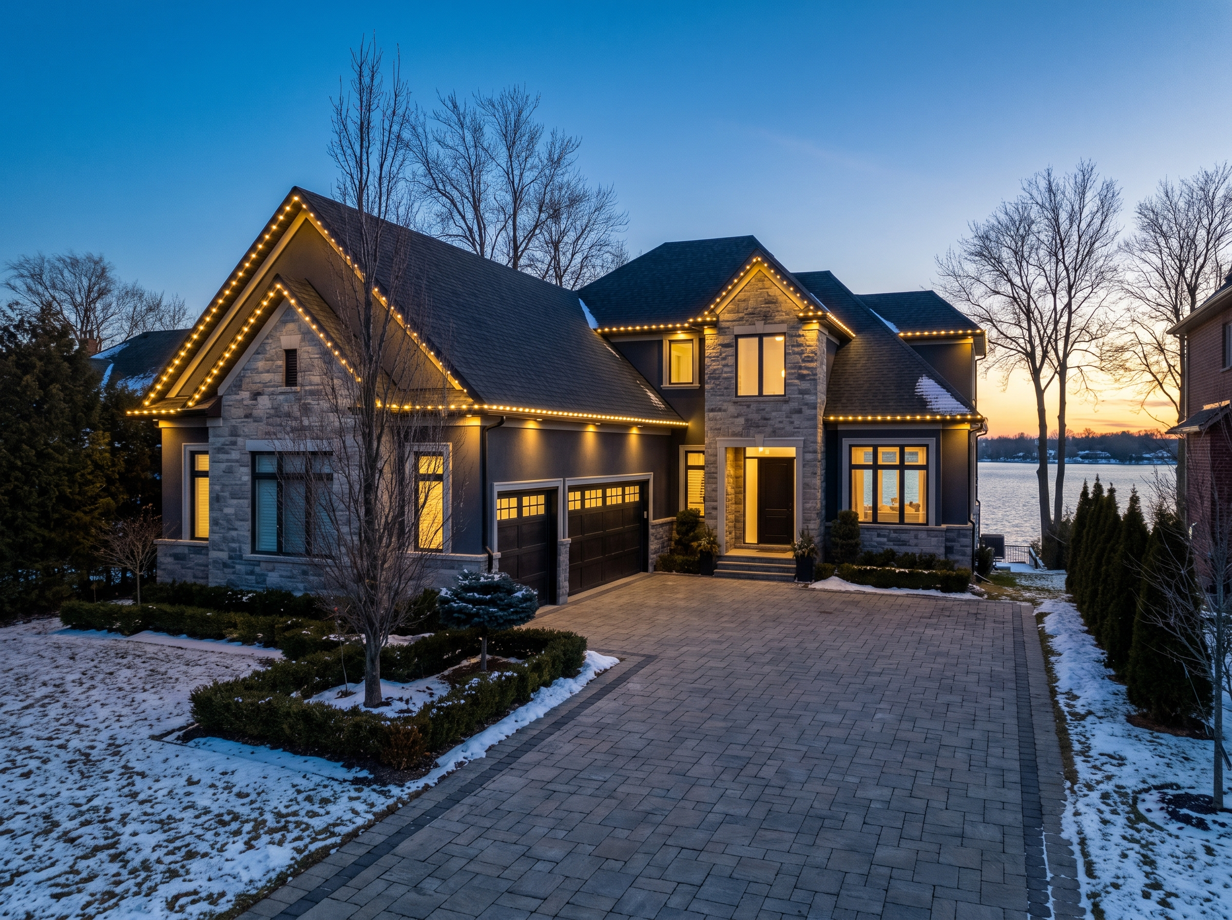 Permanent LED roofline lighting on an upscale Oakville home at dusk