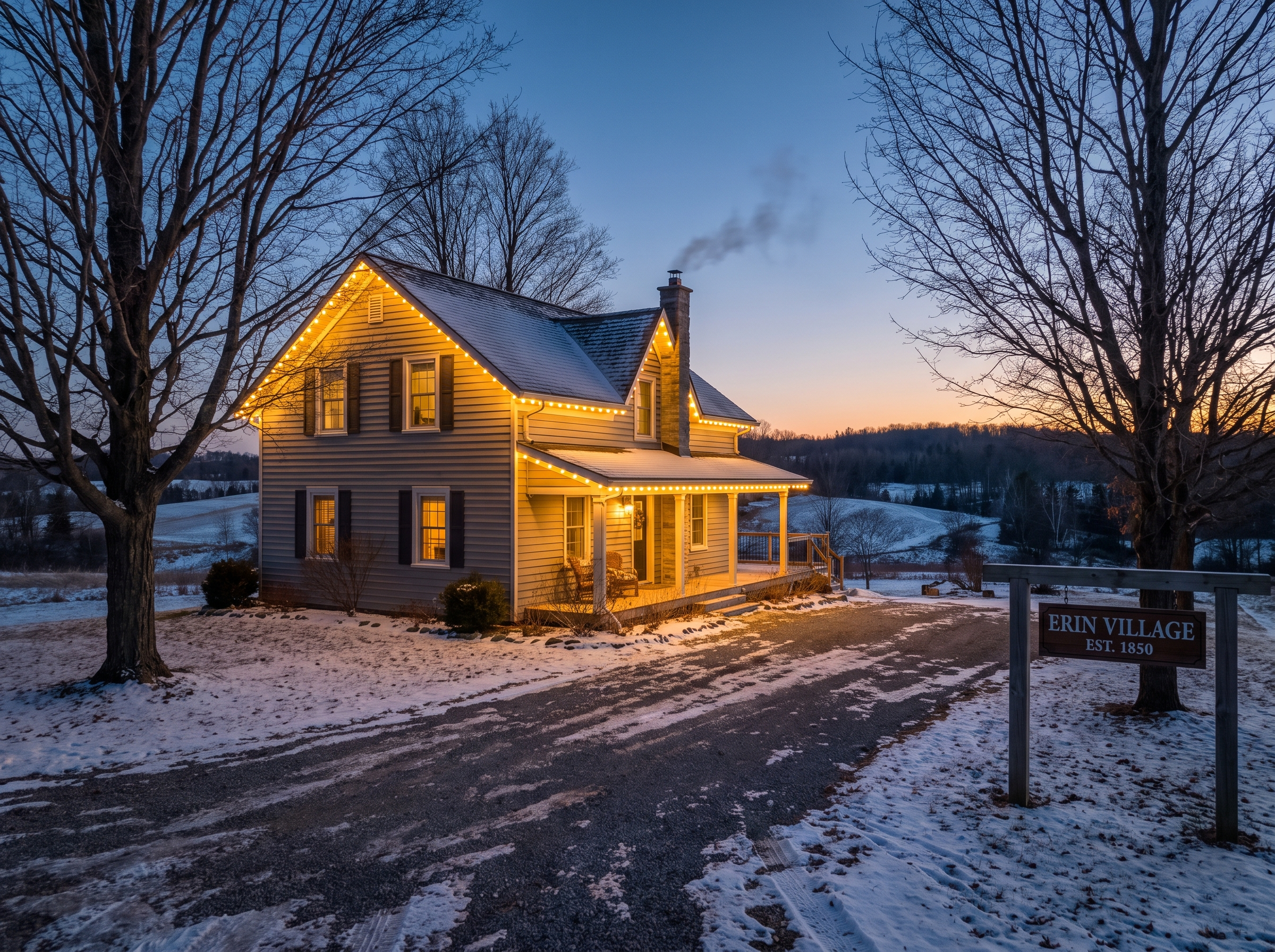 Permanent LED lighting on a village home in Erin, Ontario at dusk