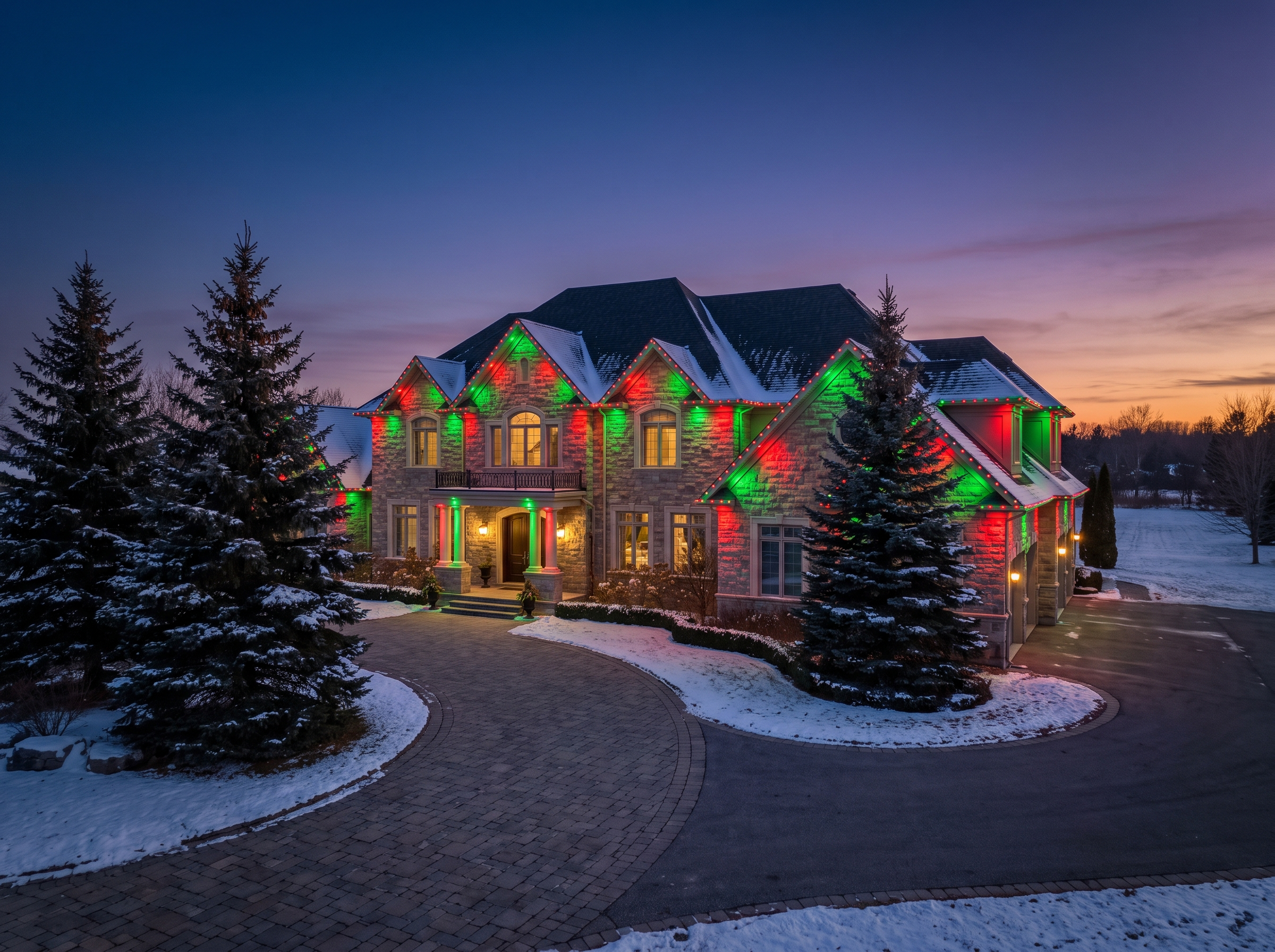 Permanent LED lighting in festive colour on a King City estate manor