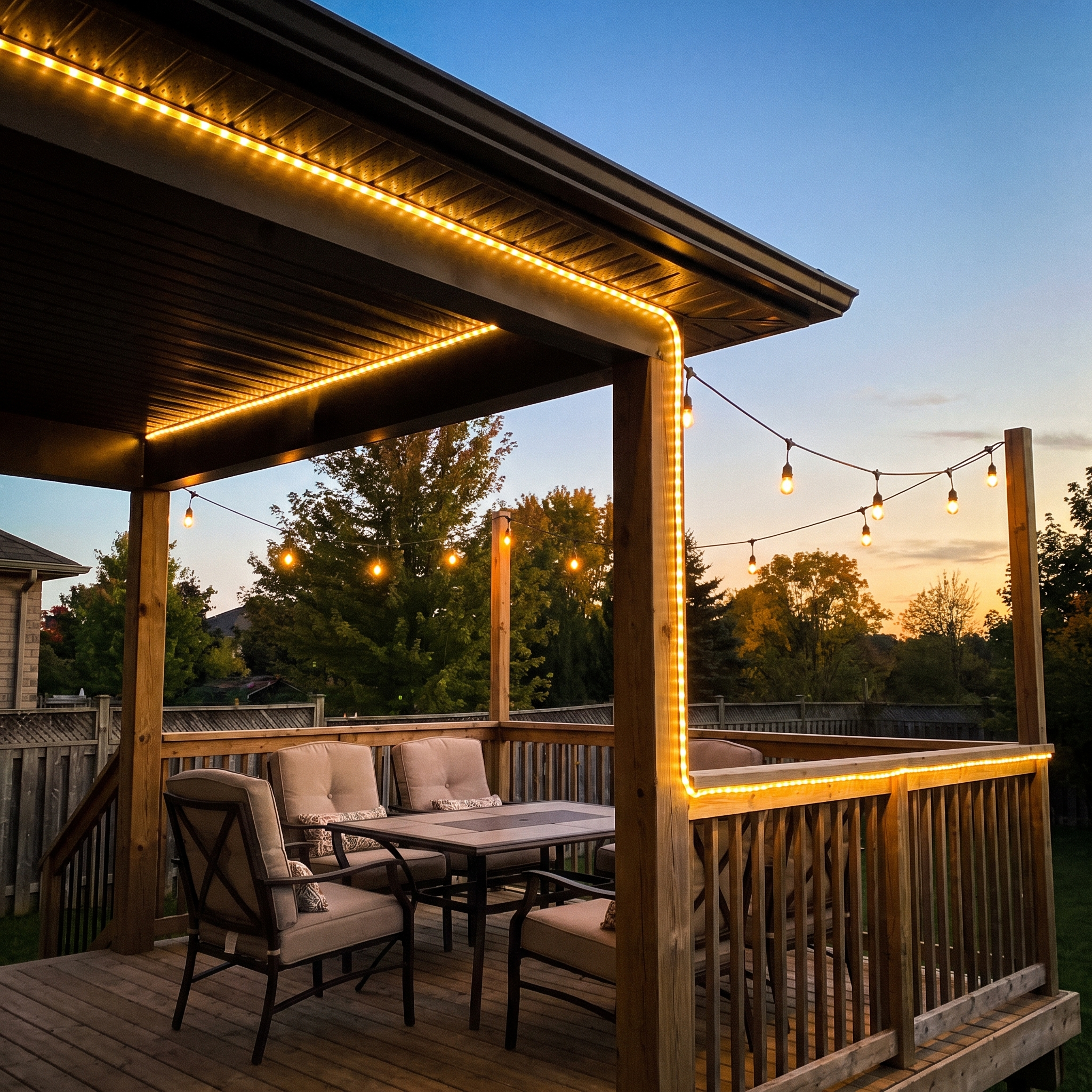 Permanent LED accent lighting along a backyard deck and patio roofline