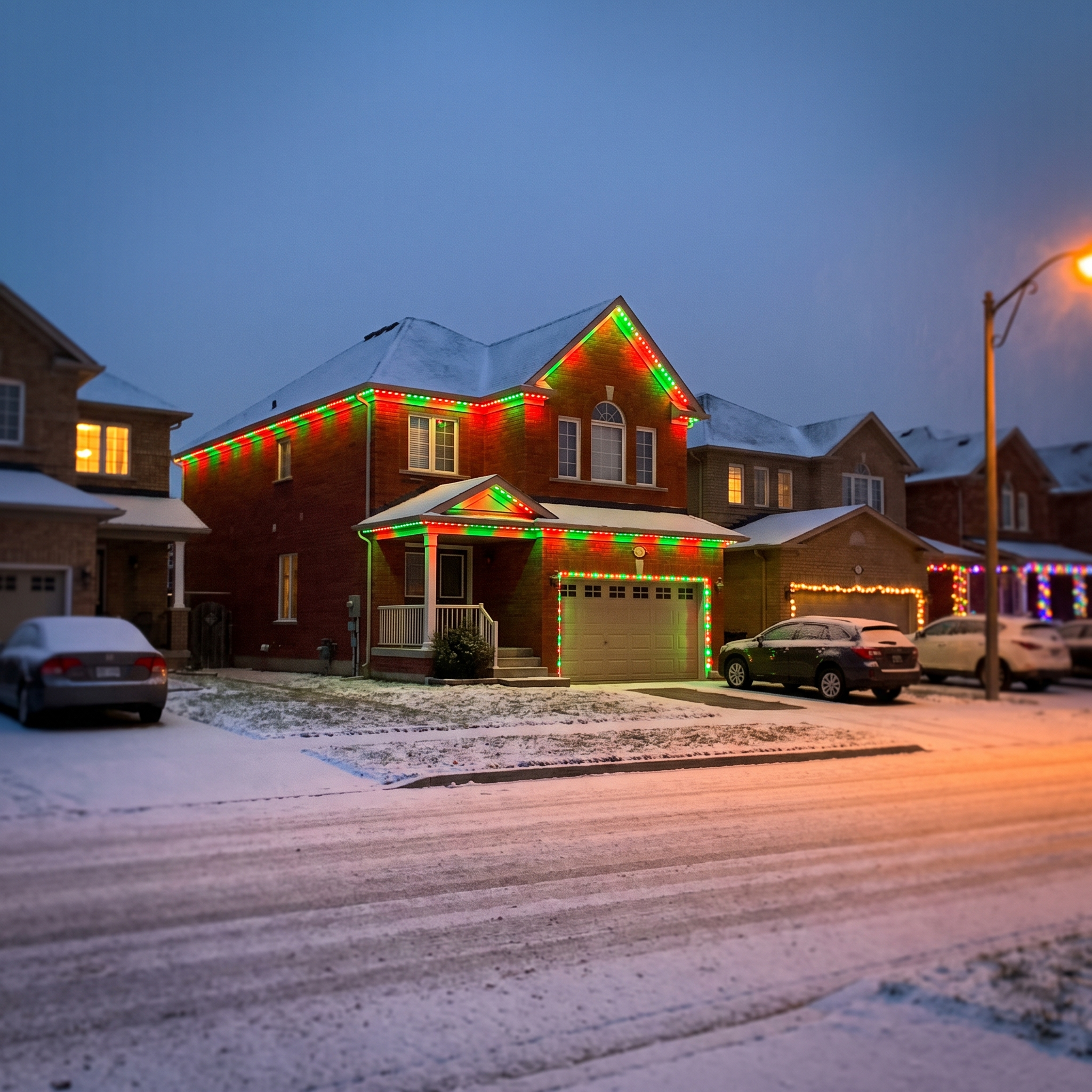 Permanent lights set to red and green for Christmas on a suburban two-storey home