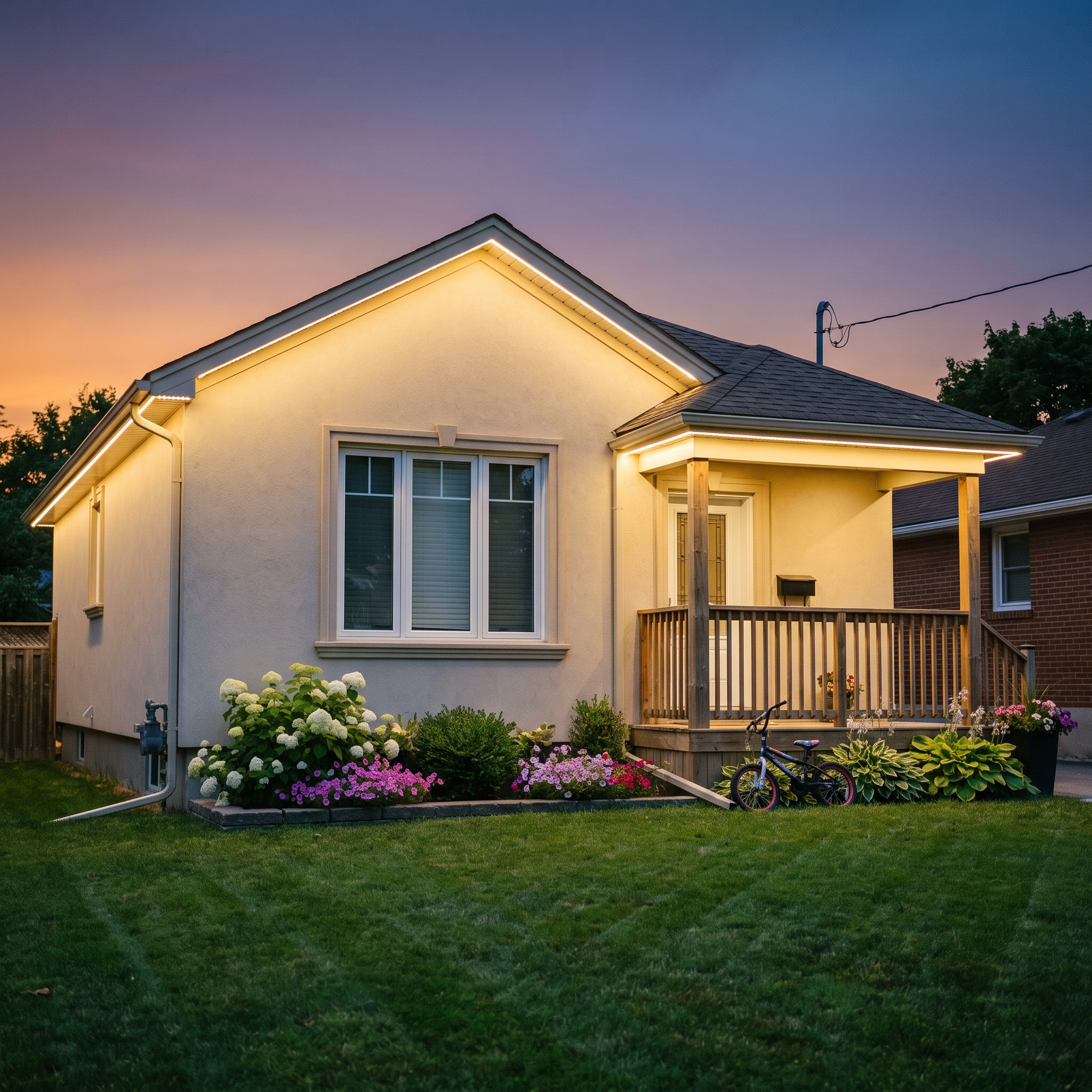 Warm white permanent accent lighting on a bungalow on a summer evening