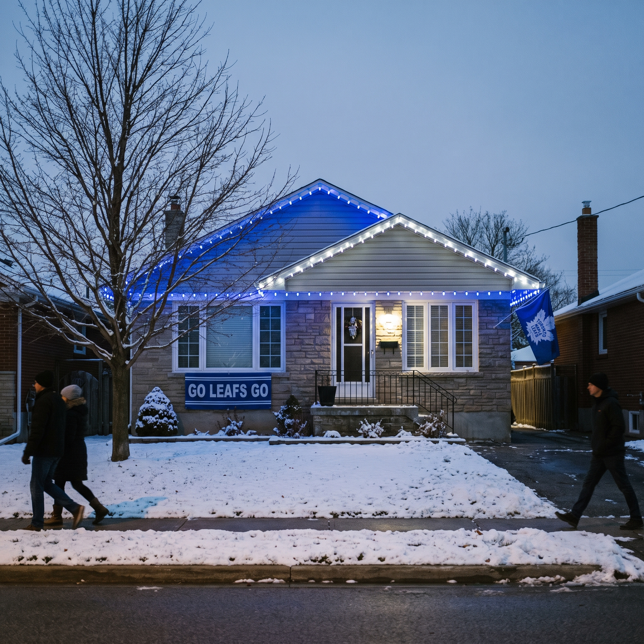 Permanent lights set to blue and white for a local hockey team colours display