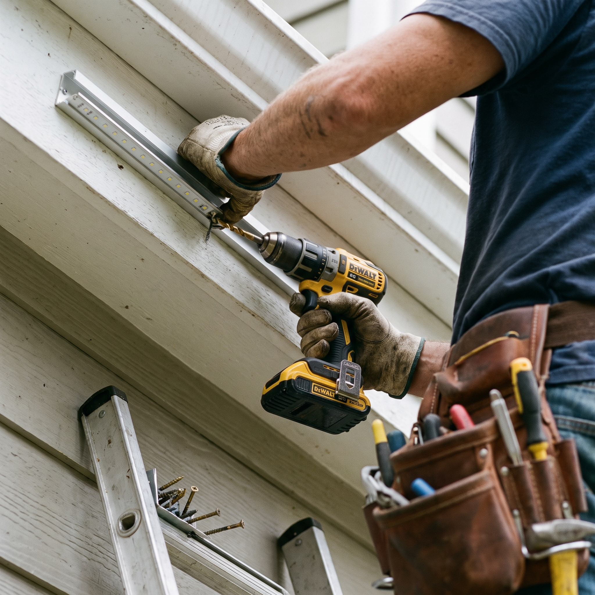 Technician installing a low-profile aluminum LED light channel along a fascia board