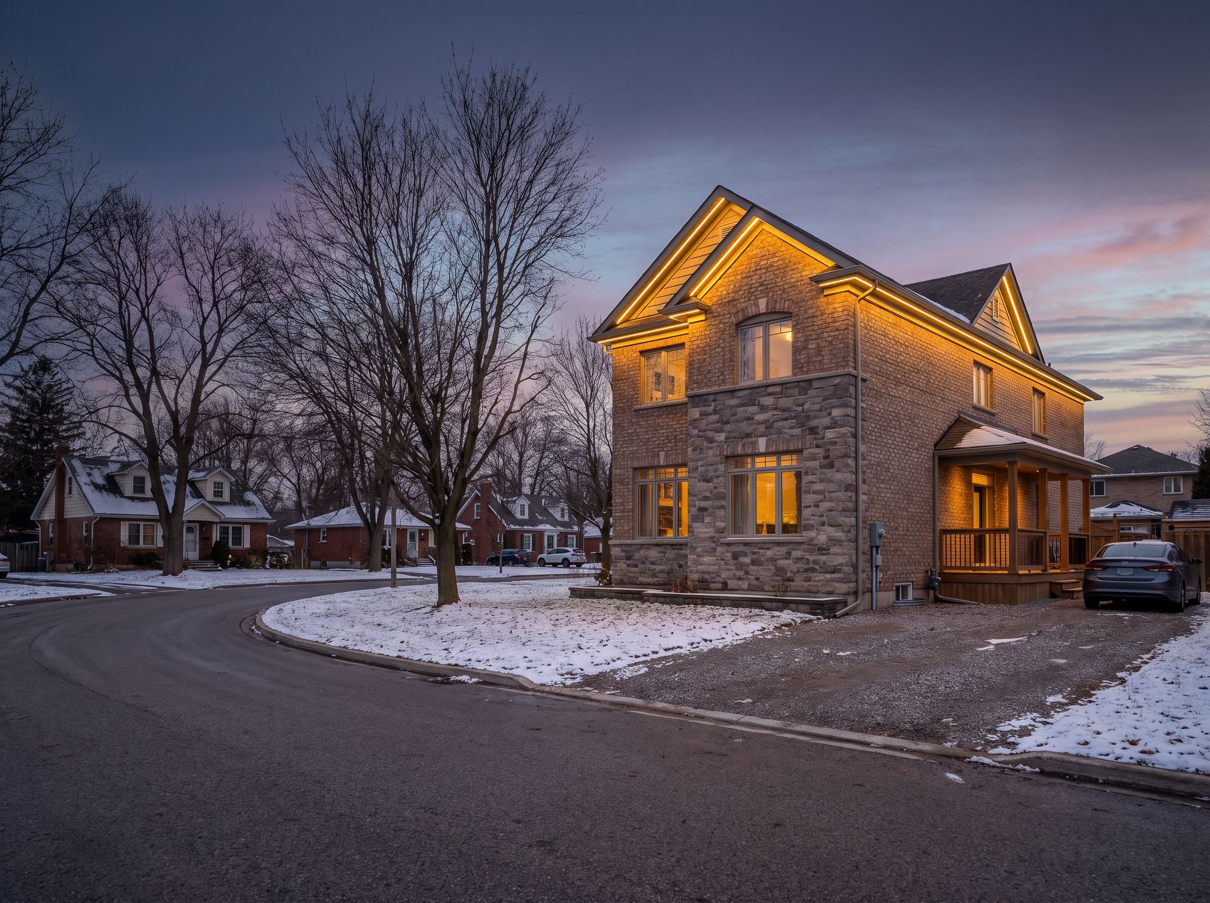 Permanent LED lighting in warm gold on a two-storey Georgetown, Halton Hills home
