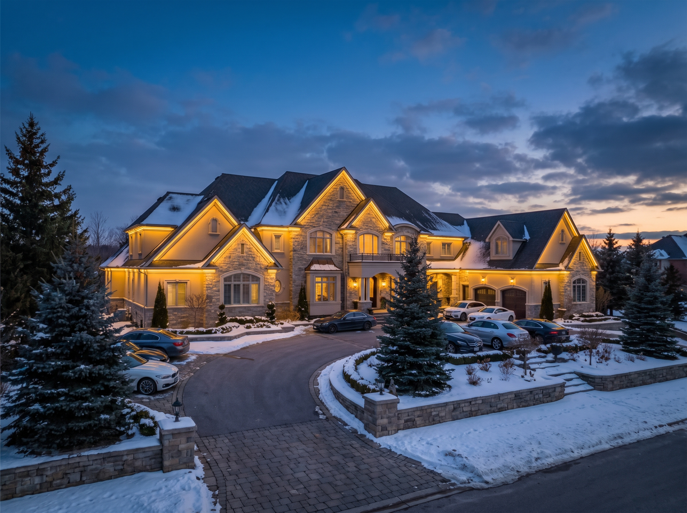 Permanent LED lighting in warm gold on a Nobleton custom estate home